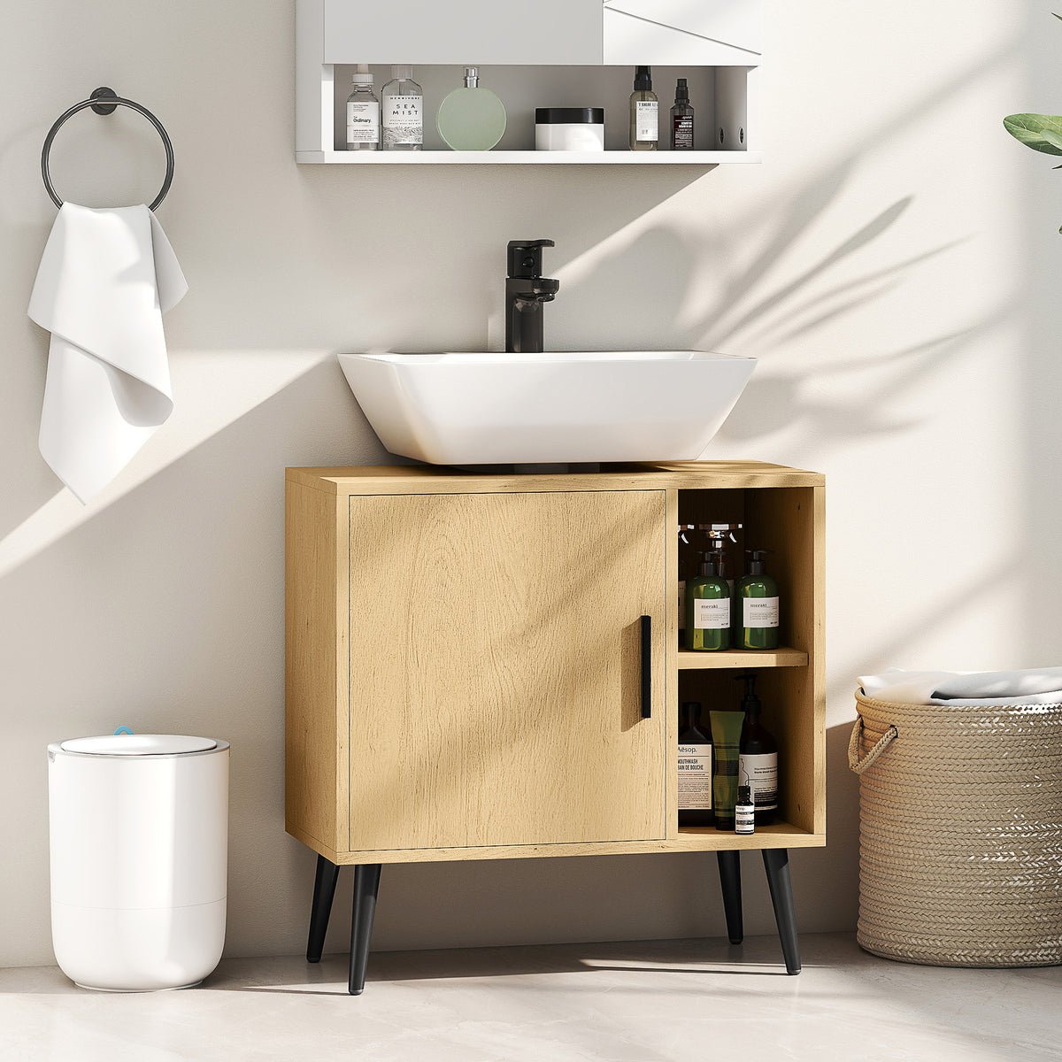 Meuble sous lavabo salle de bain avec porte à fermeture progressive et étagère réglable, 60 x 30 x 59,5 cm, chêne