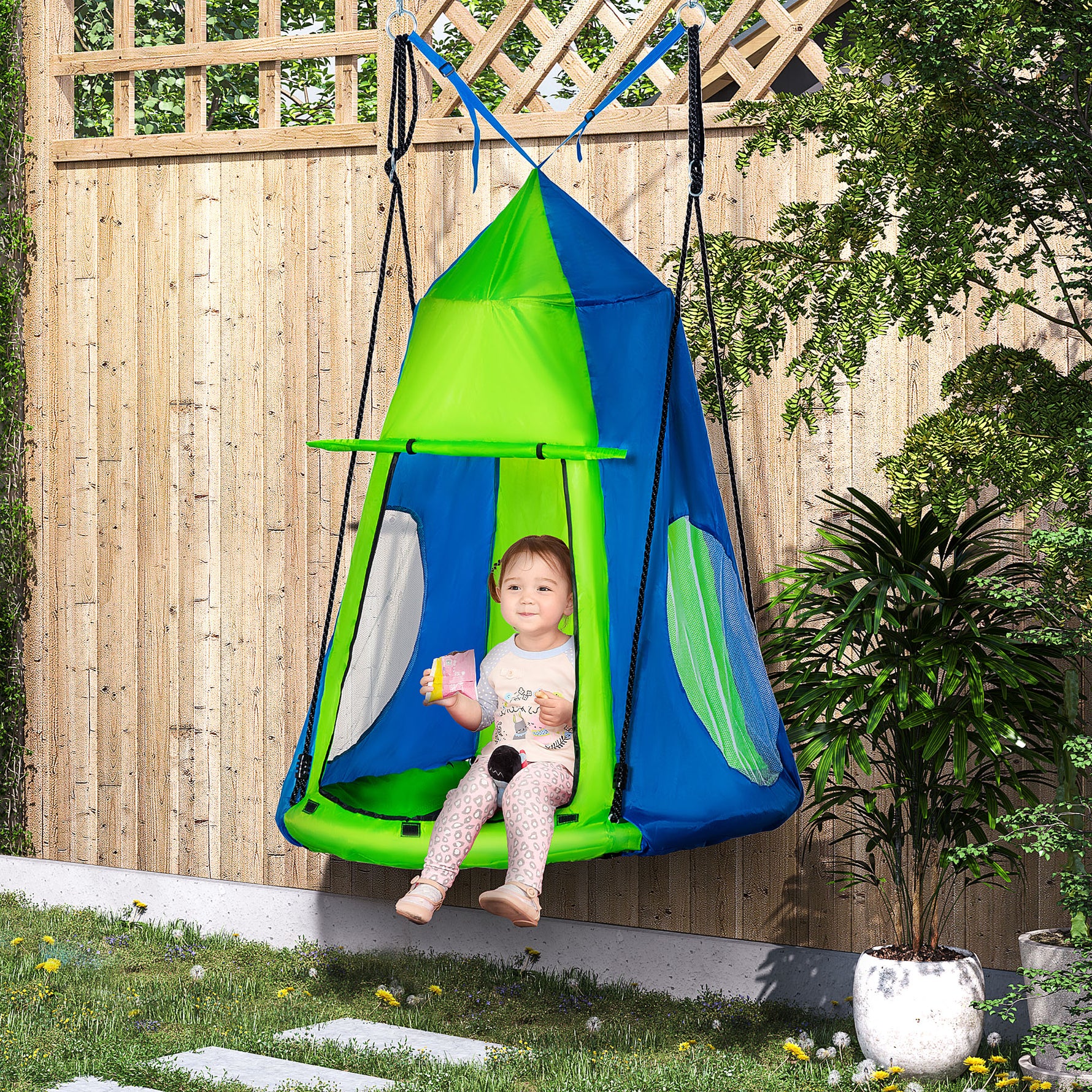 Balançoire nid d'oiseau Ronde avec Tente Amovible Ø 100 cm 4 Anneaux Inclus métal époxy Oxford Haute densité - Vert et Bleu