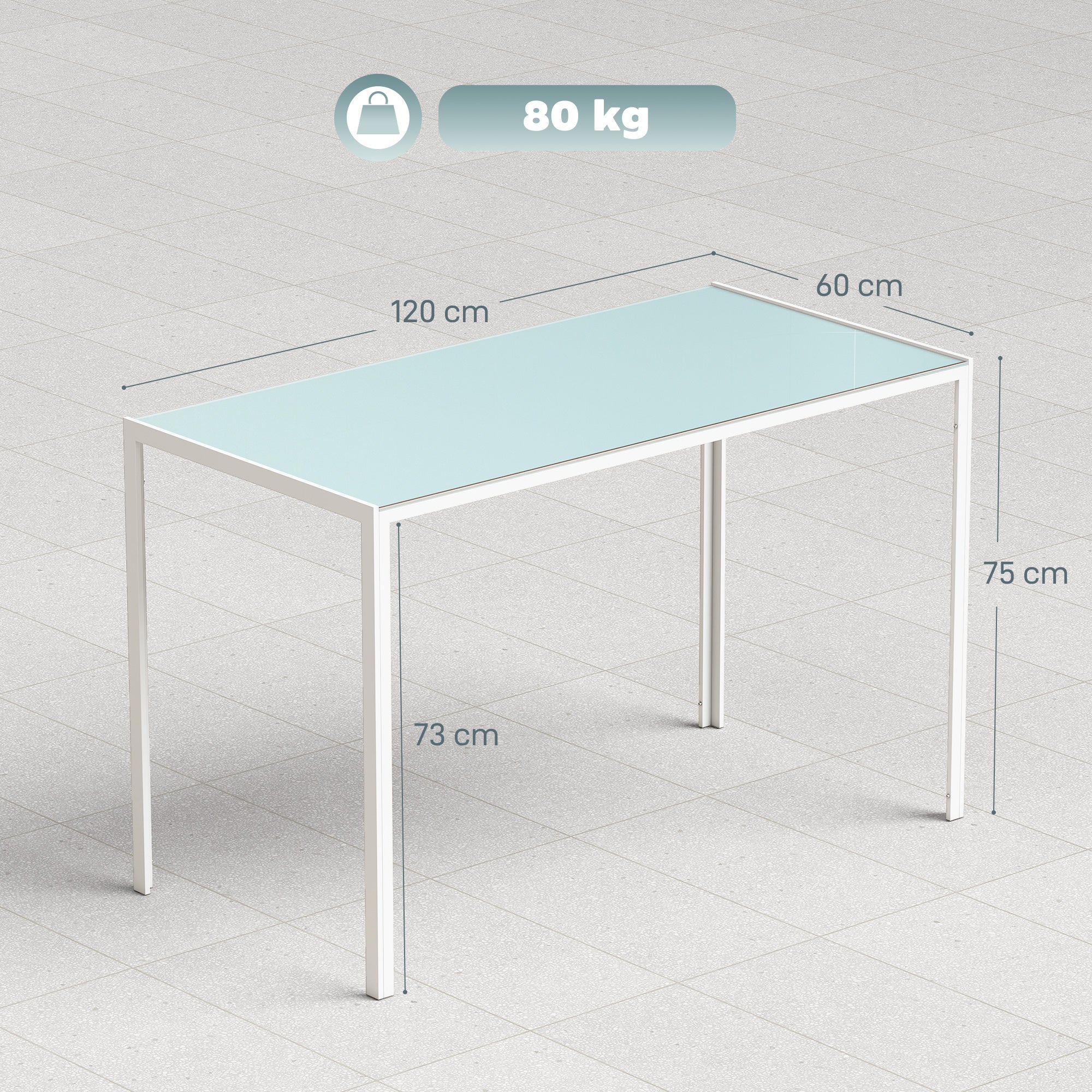 Tavolo da pranzo per 4 persone, tavolo da cucina con piano in vetro temperato e gambe in metallo, 120x60x75cm, bianco