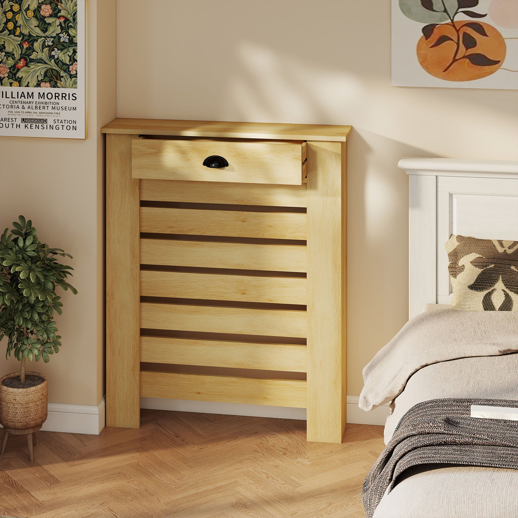 Couvercle de radiateur cache radiateur grille à lattes horizontales avec 2 tiroirs en bois 78l x 19P x 95,5H cm chêne