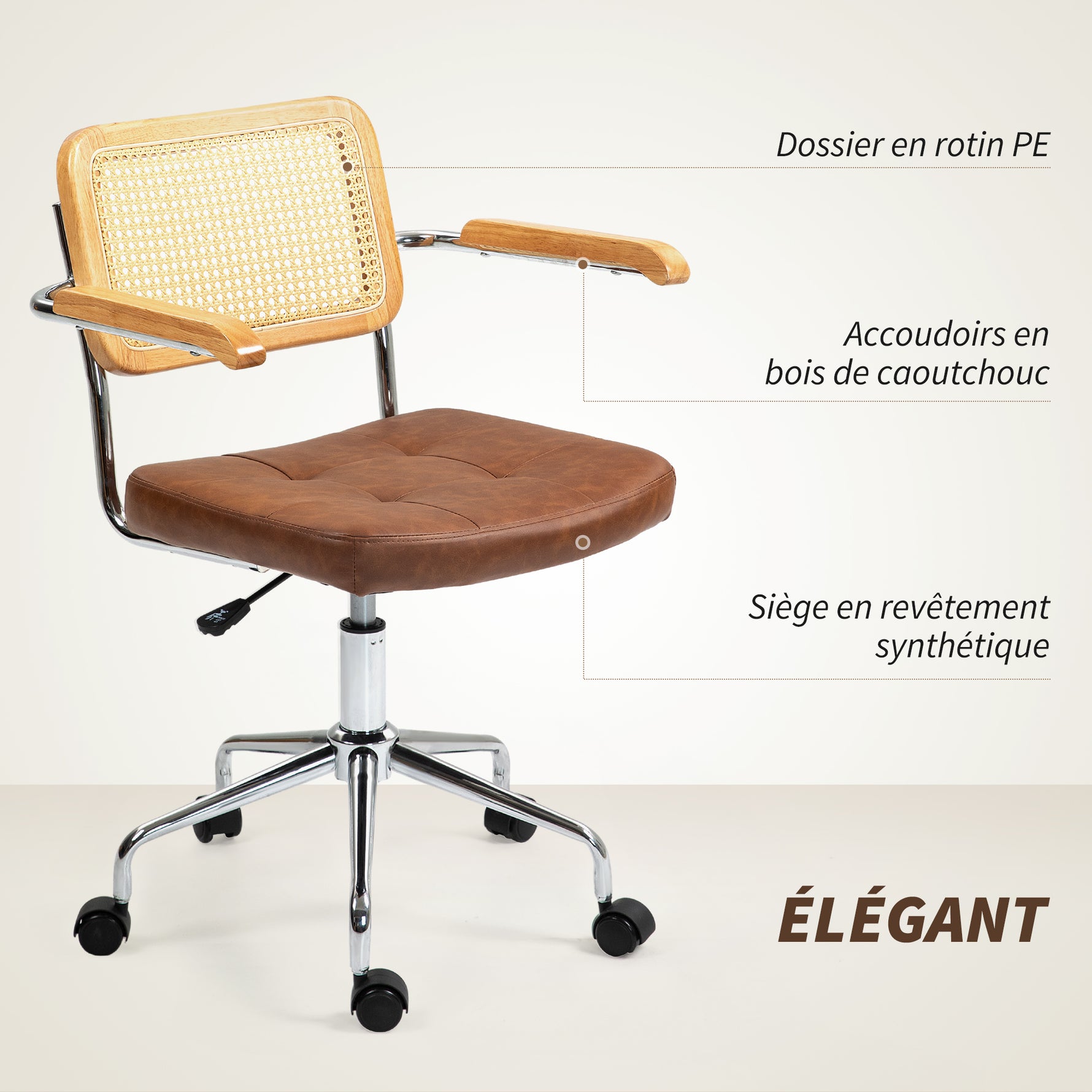 Chaise de bureau fauteuil de bureau fonction basculante hauteur réglable assise pivotante 60l x 55,5P x 82-90H cm marron