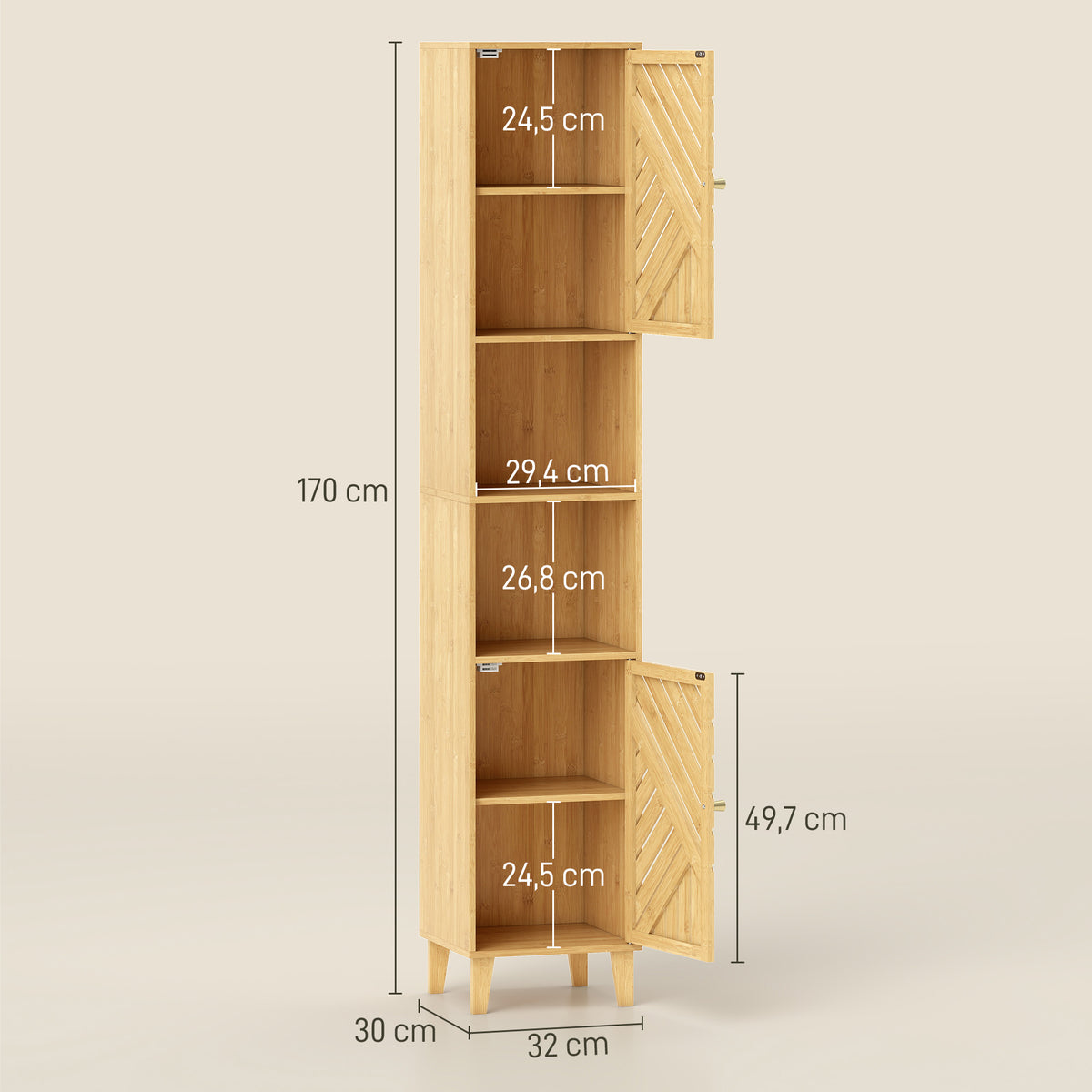 Armoire salle de bain, meuble de rangement colonne, portes en bambou, étagères réglables, 32x30x170cm, bois naturel