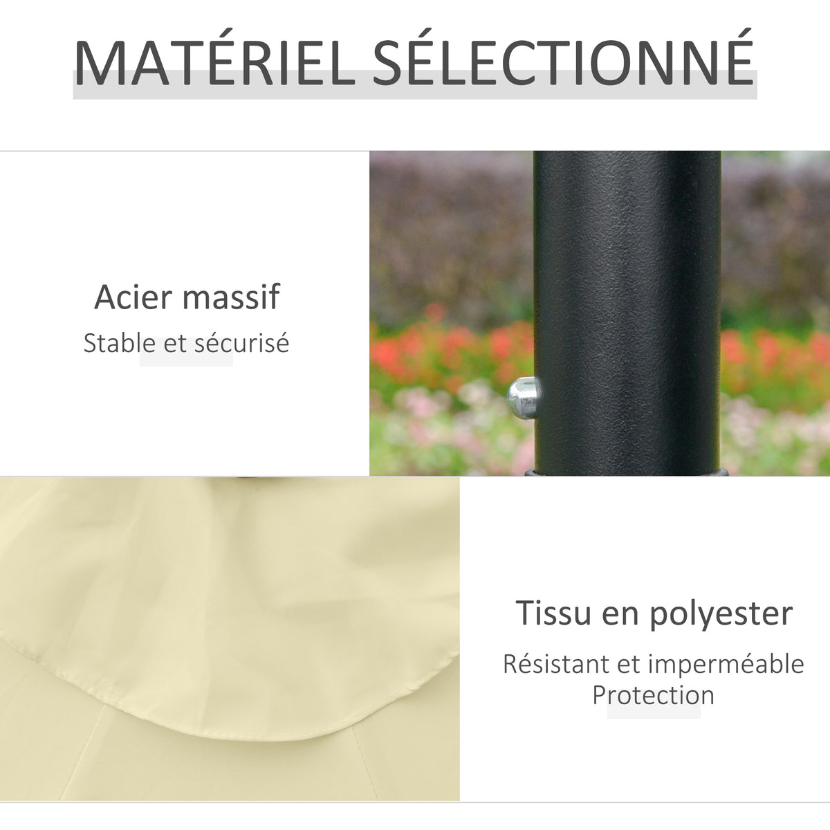 Ombrellone da giardino rotondo Ø 265 cm, luci LED solari, manovella inclinabile, palo in acciaio, 8 stecche, beige