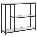 Console meuble 100 cm, table console 3 niveaux, plateaux en effet marbre, cadre en acier, blanc