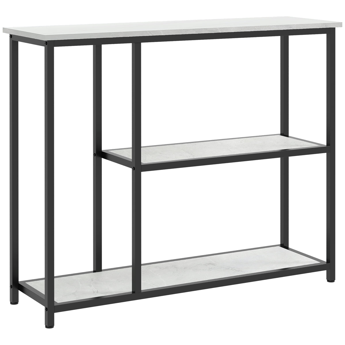 Console meuble 100 cm, table console 3 niveaux, plateaux en effet marbre, cadre en acier, blanc