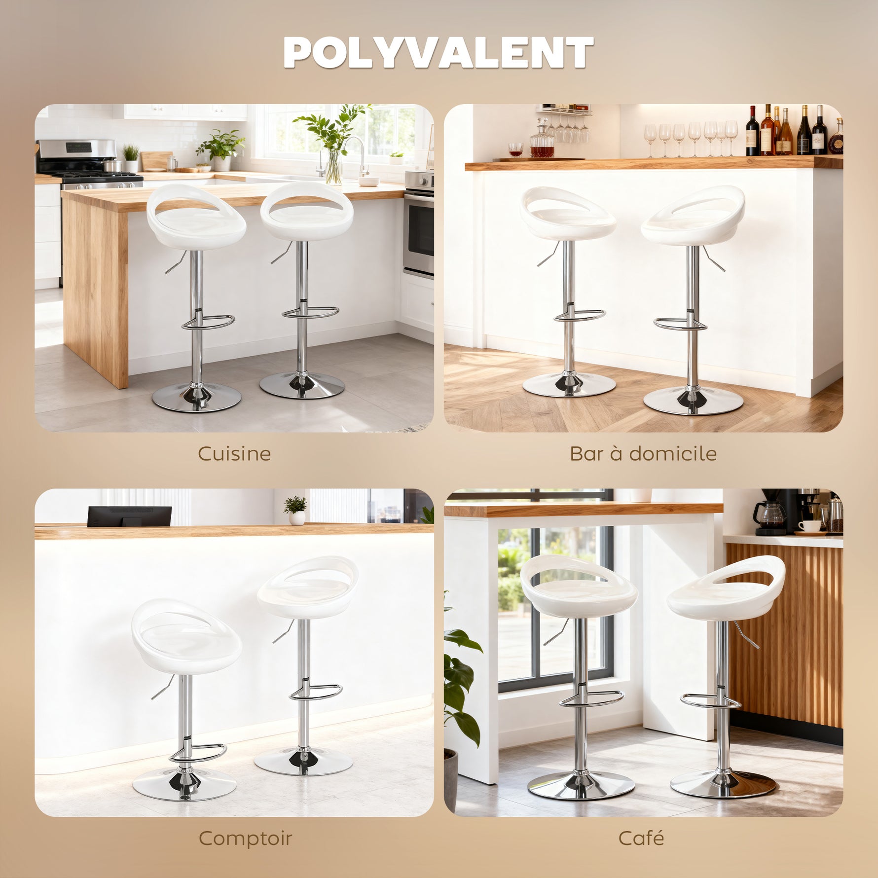 Lot de 2 tabourets de bar chaises de bar hauteur réglable dossier et repose-pieds pivotant à 360° 46x41x76-96cm blanc