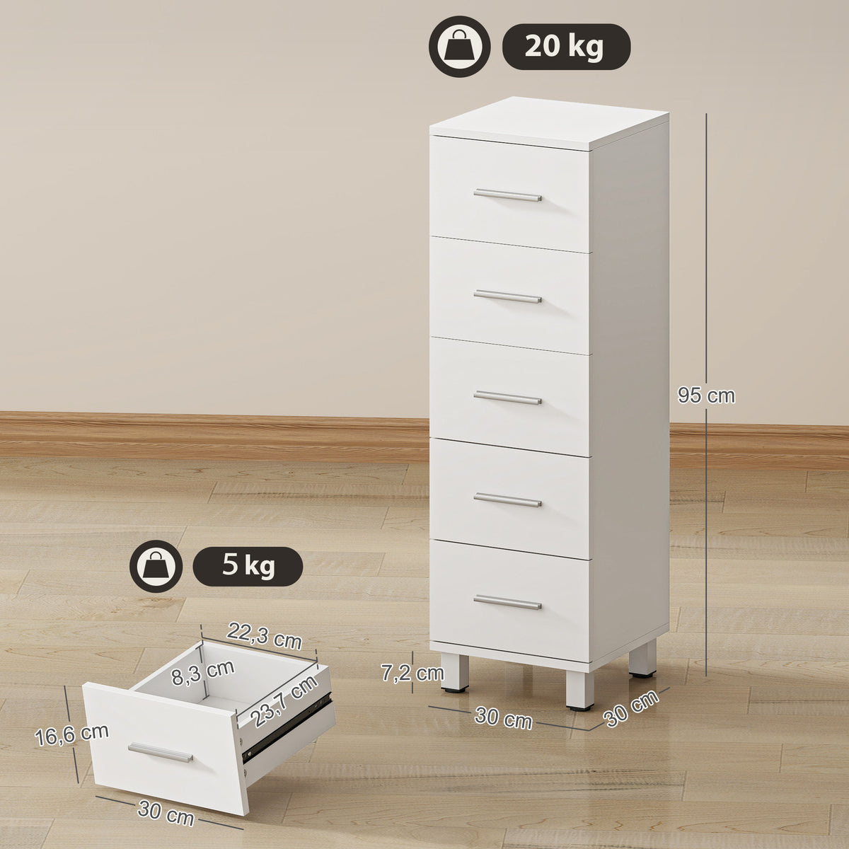 Meuble de Salle de Bain 5 Tiroirs, Meuble de Rangement, 30 x 30 x 95 cm, Commode Salle de Bain, 30 x 30 x 95 cm, Blanc