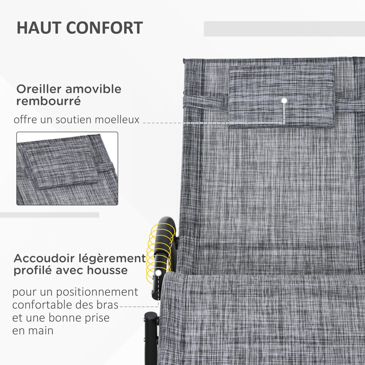Chaise longue à bascule avec tétière utilisation extérieure intérieure gris chiné
