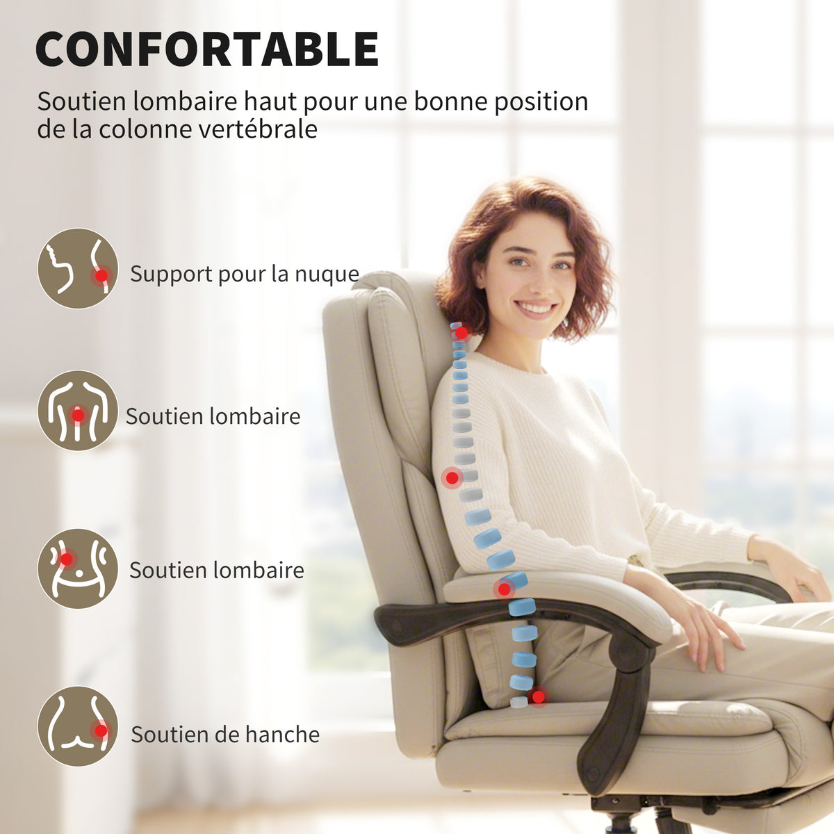 Chaise Bureau Ergonomique, Fauteuil de Bureau avec Dossier Inclinable, Hauteur Réglable, 65x67x111-119cm, Beige