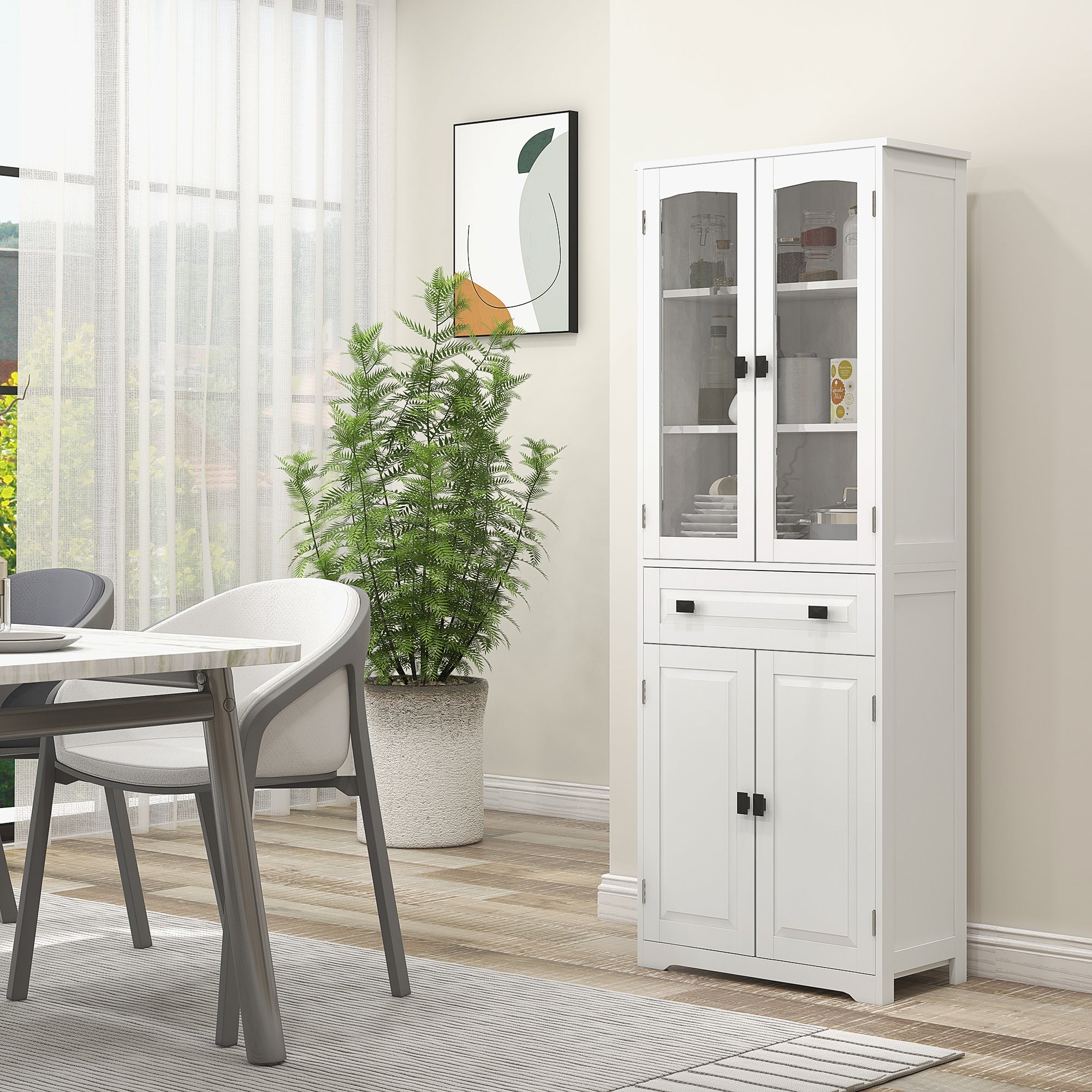 Buffet haut armoire de cuisine 4 portes dont 2 portes vitrées et 1 tiroir hauteur 160 cm avec étagères en bois blanc