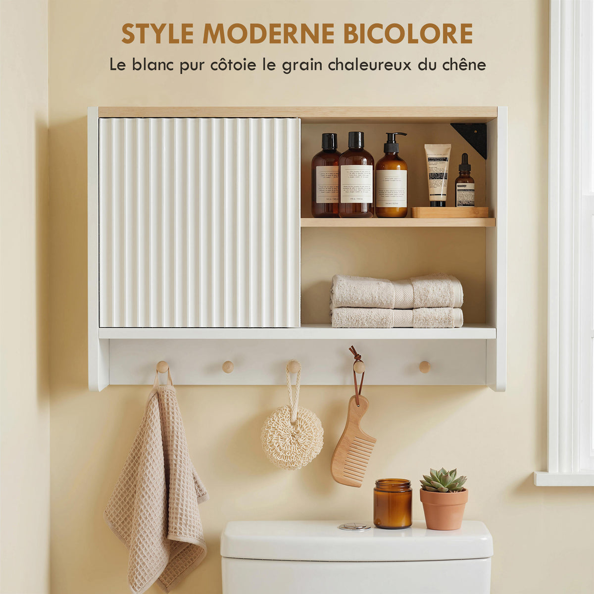 Armadietto da bagno a parete, mobile contenitore per bagno con anta, ripiani a giorno e 5 ganci