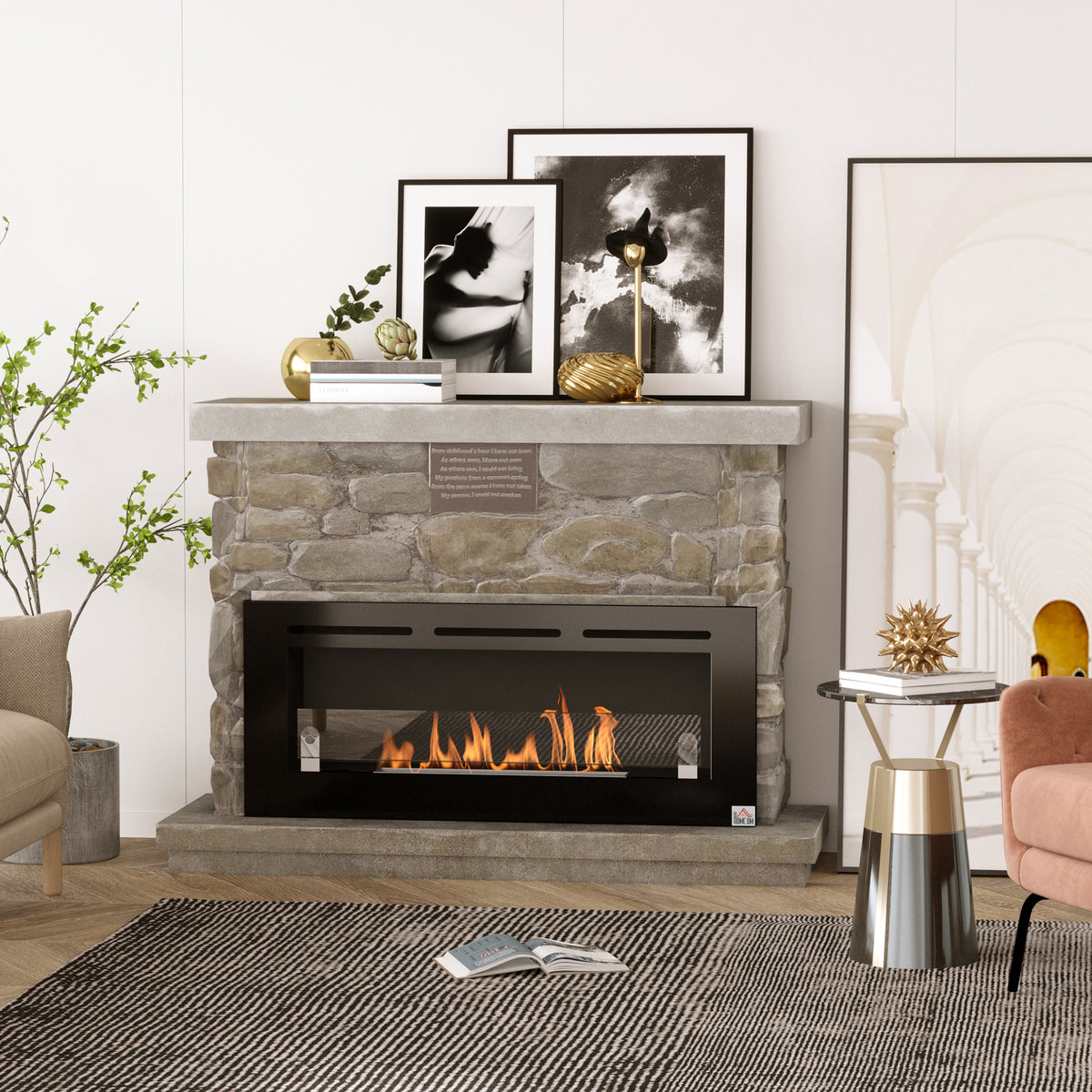 Cheminée bioéthanol Murale encastrable brûleur 2,8 L, environ 3,5 h de durée de combustion dim. 102L x 16l x 43H cm Couverture 25-30 m² Métal