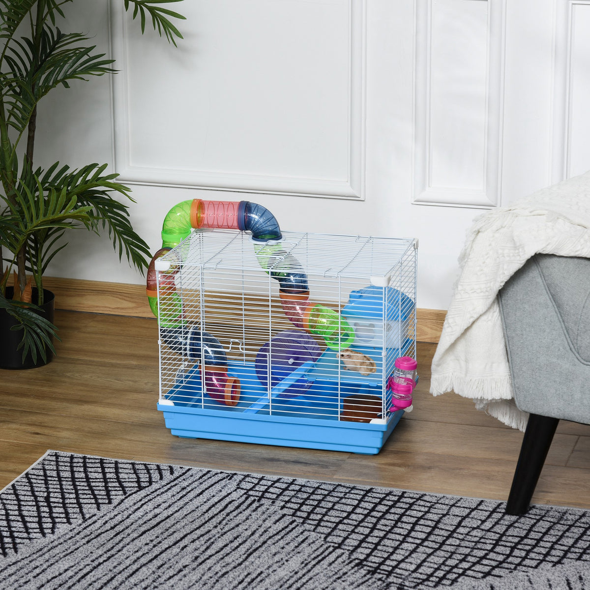 Jaula para hámster y roedor de 2 niveles con túnel, bebedero, rueda, casita y escaleras, dimensiones 46L x 30l x 37H cm, azul