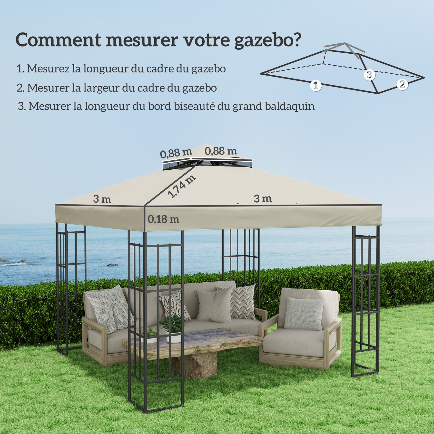 Toile pour tonnelle 3 x 3 m toile de rechange pour tonnelle à 2 niveaux protection UPF30+ trous de drainage crème