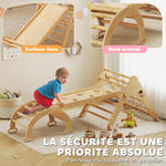 Triangle d'escalade enfants 8 en 1 avec rampe double face, arc d'escalade en bois avec toboggan & échelle, naturel