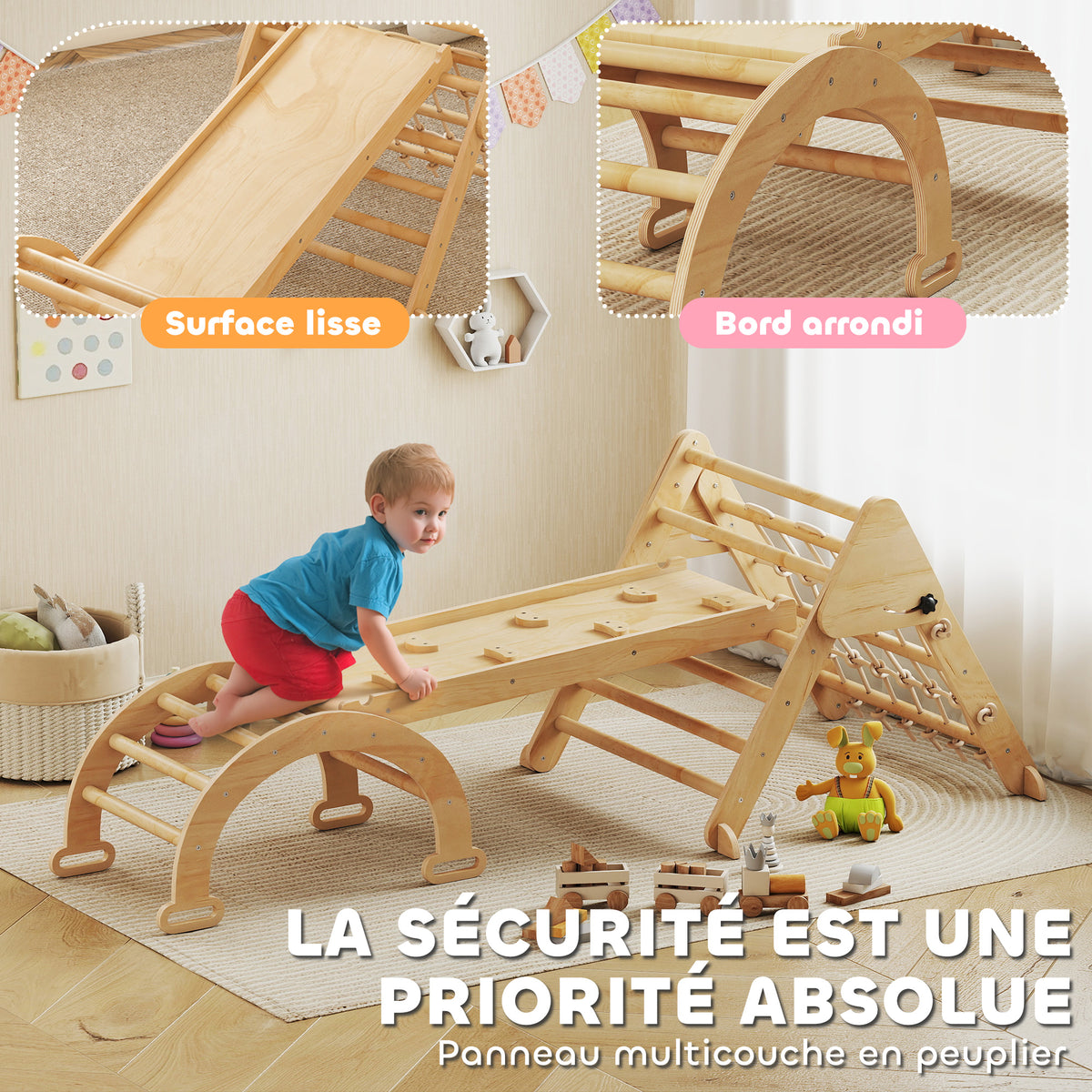 Triangle d'escalade enfants 8 en 1 avec rampe double face, arc d'escalade en bois avec toboggan & échelle, naturel