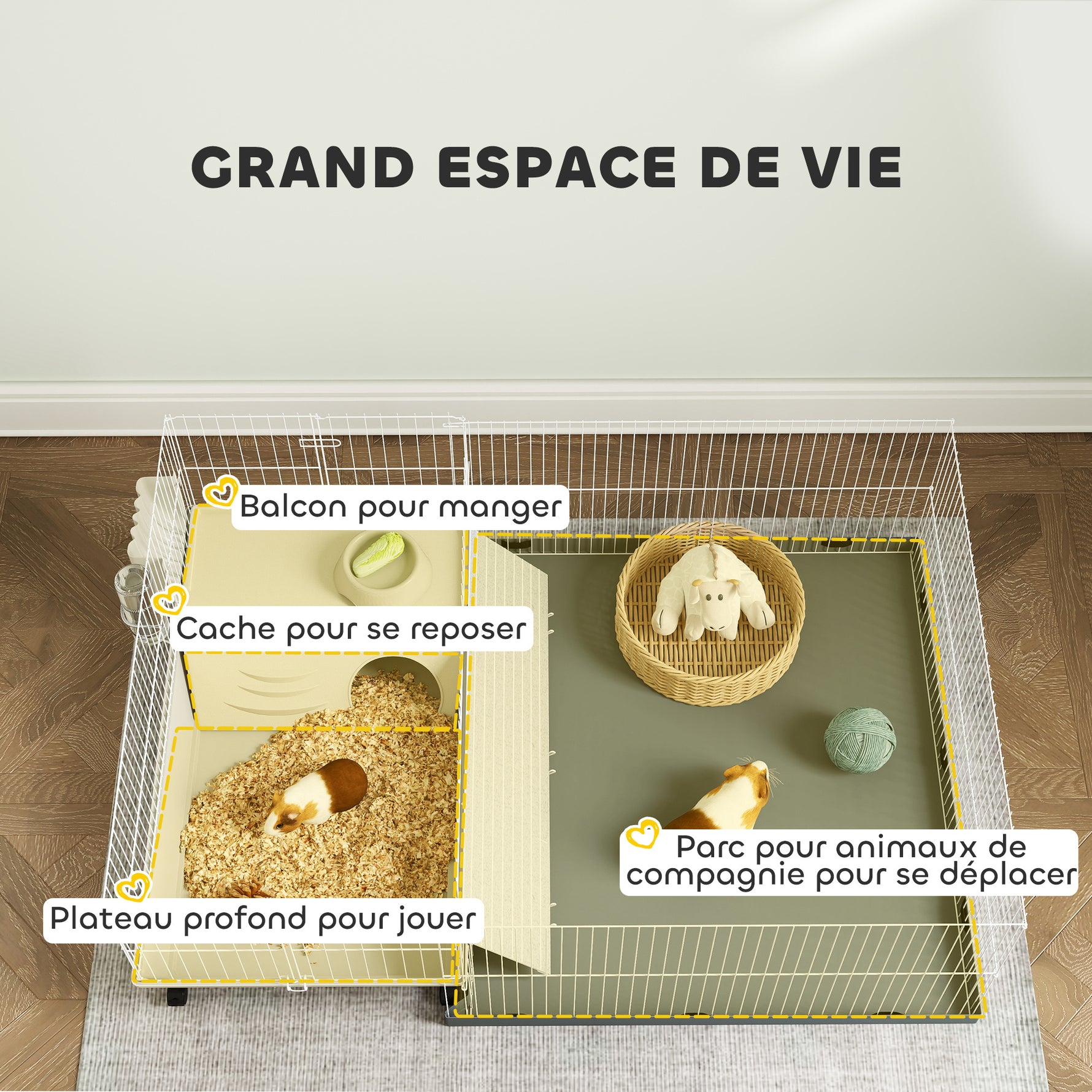 Cage cochon d'inde cage pour petits animaux avec parc amovible tapis imperméable mangeoire à foin 108 x 71 x 57 cm beige