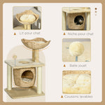 Tiragraffi per gatti in sisal naturale, 1 cuccia, cesta, pon-pon, peluche, giacinto d'acqua, 45 x 40 x 74 cm, beige