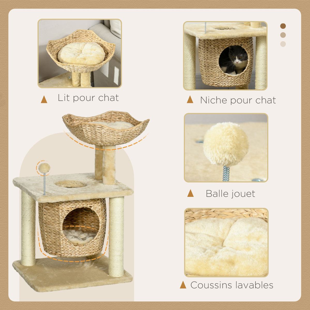 Tiragraffi per gatti in sisal naturale, 1 cuccia, cesta, pon-pon, peluche, giacinto d'acqua, 45 x 40 x 74 cm, beige