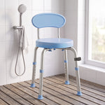 Tabouret de Douche Ronde Pivotant 360°, Hauteur Réglable, Dossier, Pieds Antidérapants, 38,5x37,5x75cm, Bleu Clair
