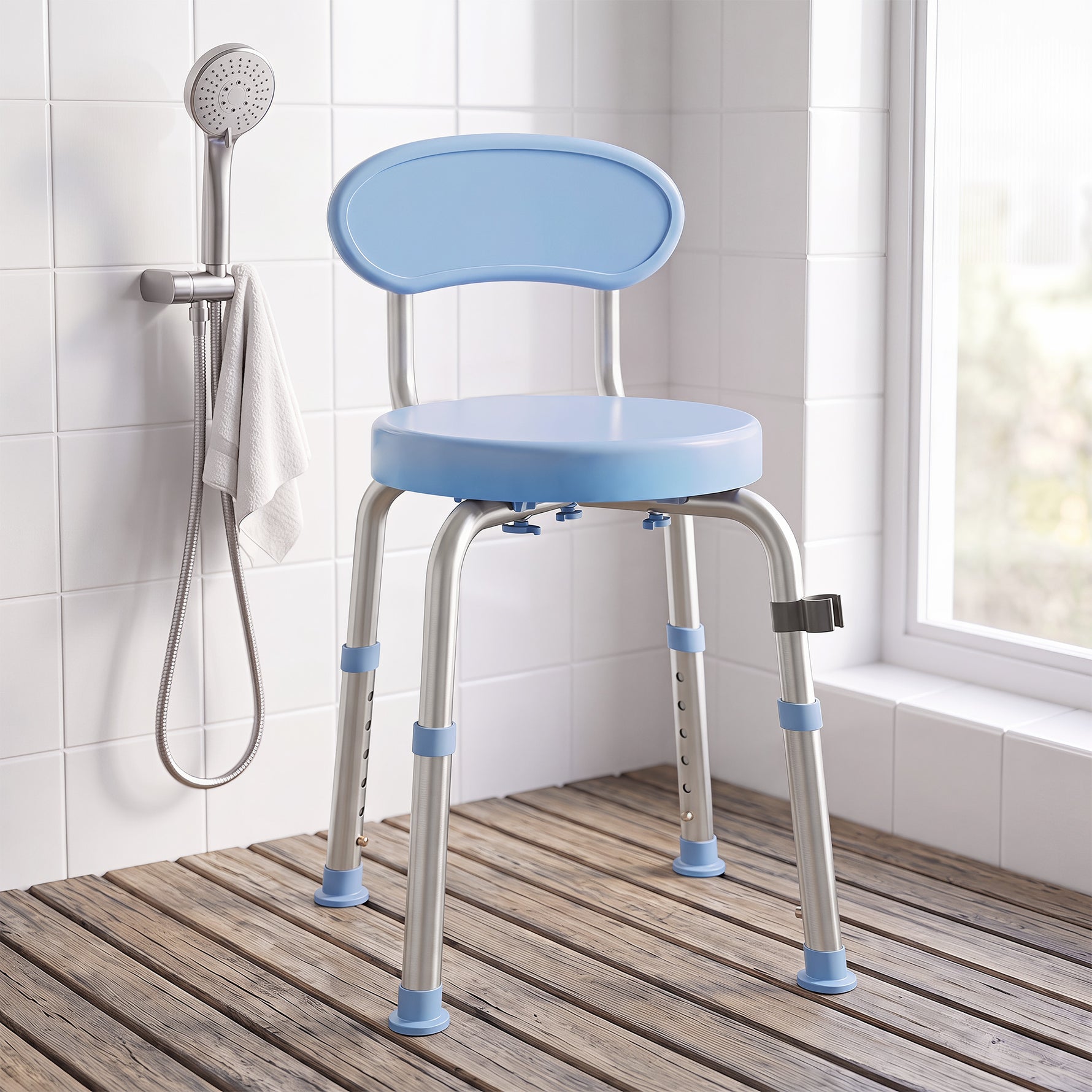 Tabouret de Douche Ronde Pivotant 360°, Hauteur Réglable, Dossier, Pieds Antidérapants, 38,5x37,5x75cm, Bleu Clair