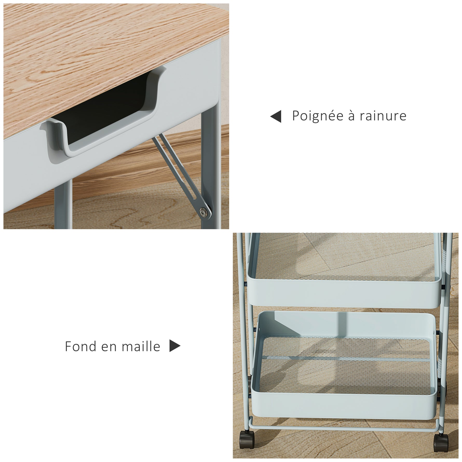 Desserte chariot de rangement à roulettes 4 niveaux avec tiroir, plateau et paniers, vert