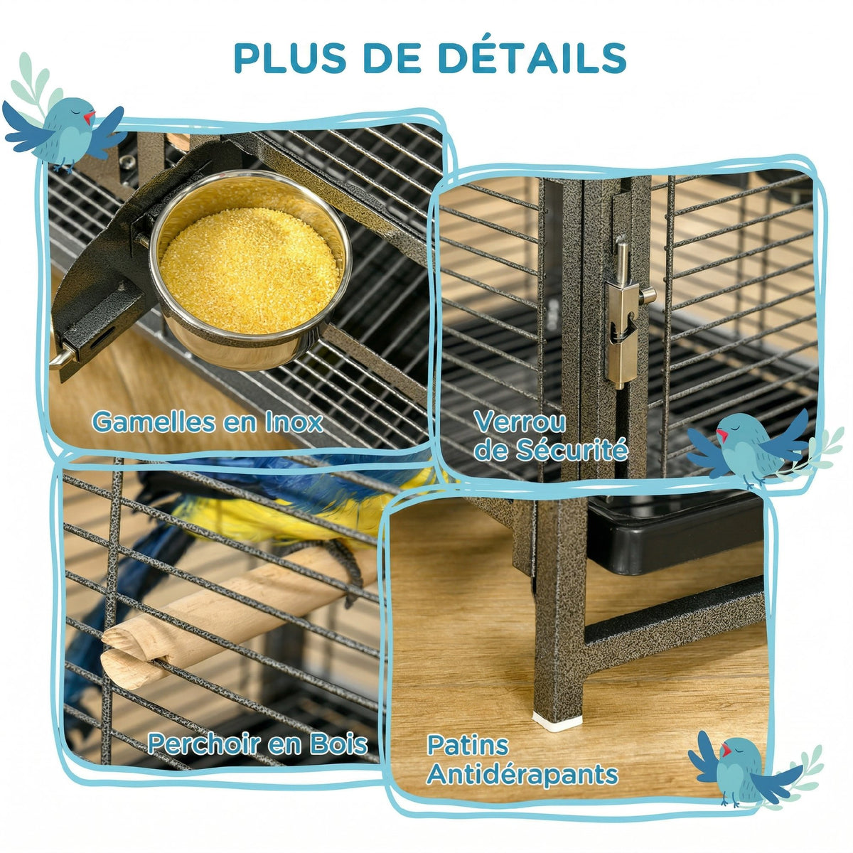 Cage de transport en acier pour perroquets, cage à oiseaux avec 2 bols en acier inoxydable, 2 perchoirs, plateau, noir