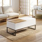 Table Basse Extensible avec Plateau Coulissant, Table de Salon avec Rangement Caché et Pieds en Acier, Blanc
