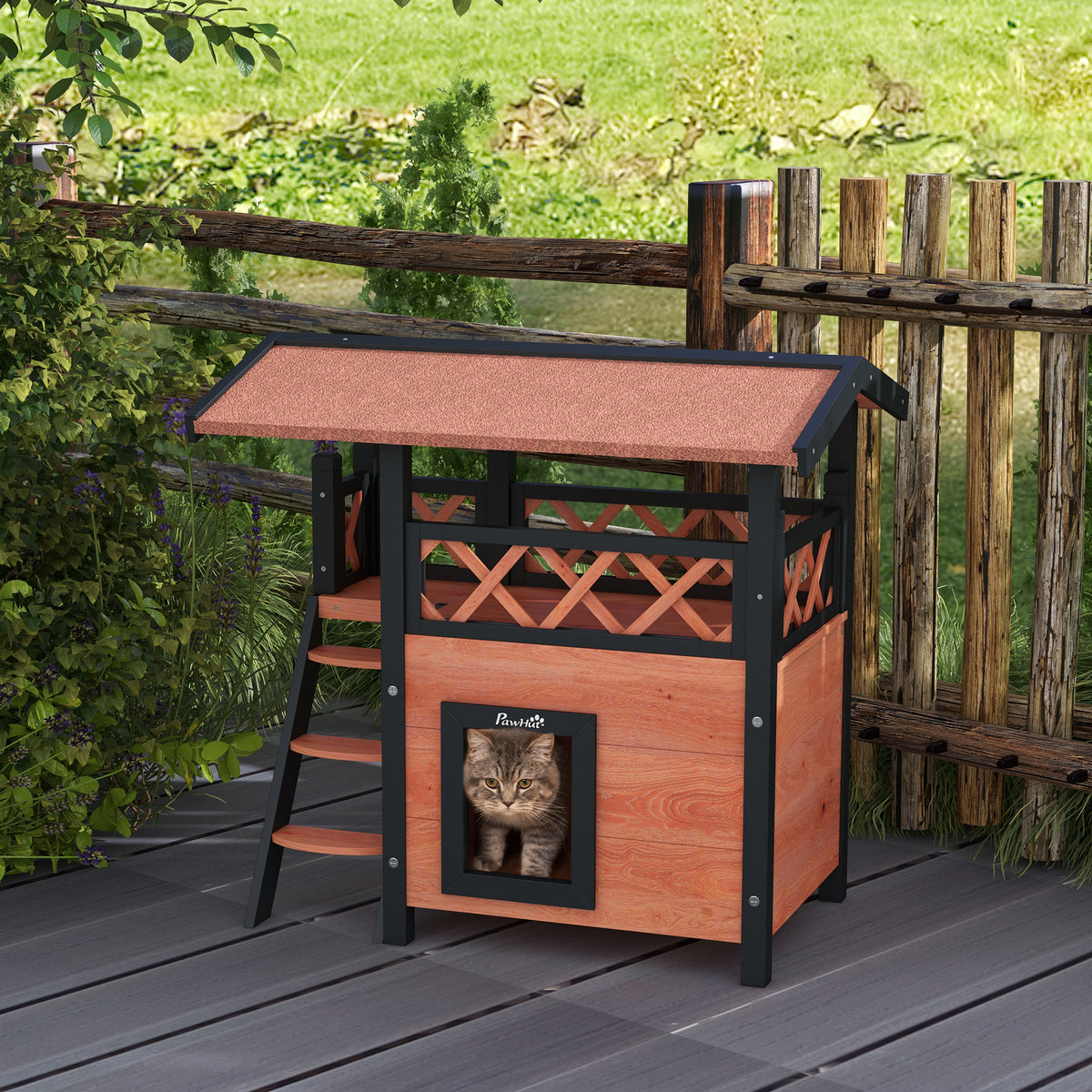 Buitenkattenhuis met terras, trap, dak, villa-nachthok, 77 x 50 x 73 cm bruin en rood