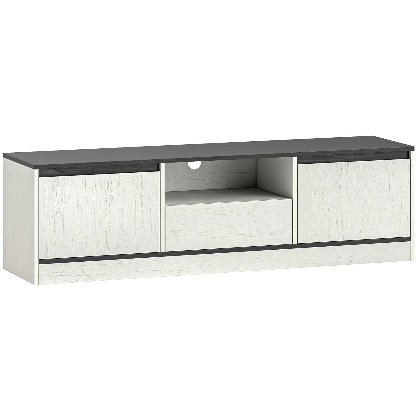 Meuble TV pour Télévision jusqu'à 60" avec 2 Armoires, 1 Étagère Ouverte, 1 Tiroir, Moderne, 140x35x40cm, Noir et Blanc