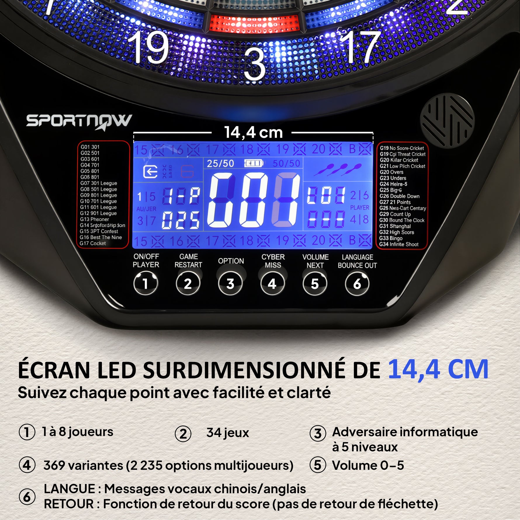 Cible de Fléchettes Électronique Jeu de Fléchettes Électronique lumineuse écran LED surdimensionné rechargeable noir