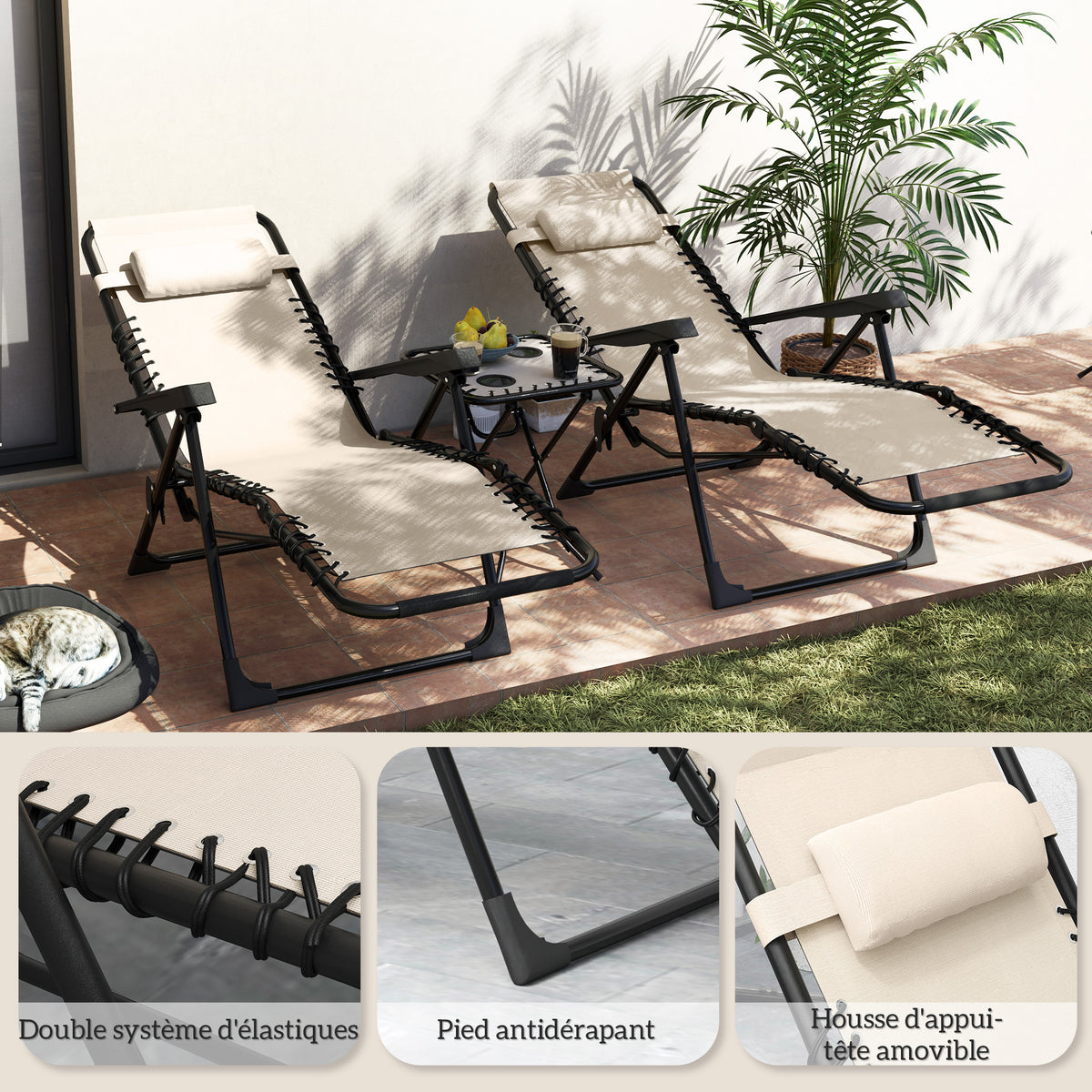 Lot de 2 chaise longue pliable et inclinable avec table d'appoint, porte-gobelets et appuie-têtes, charge 120 kg, beige