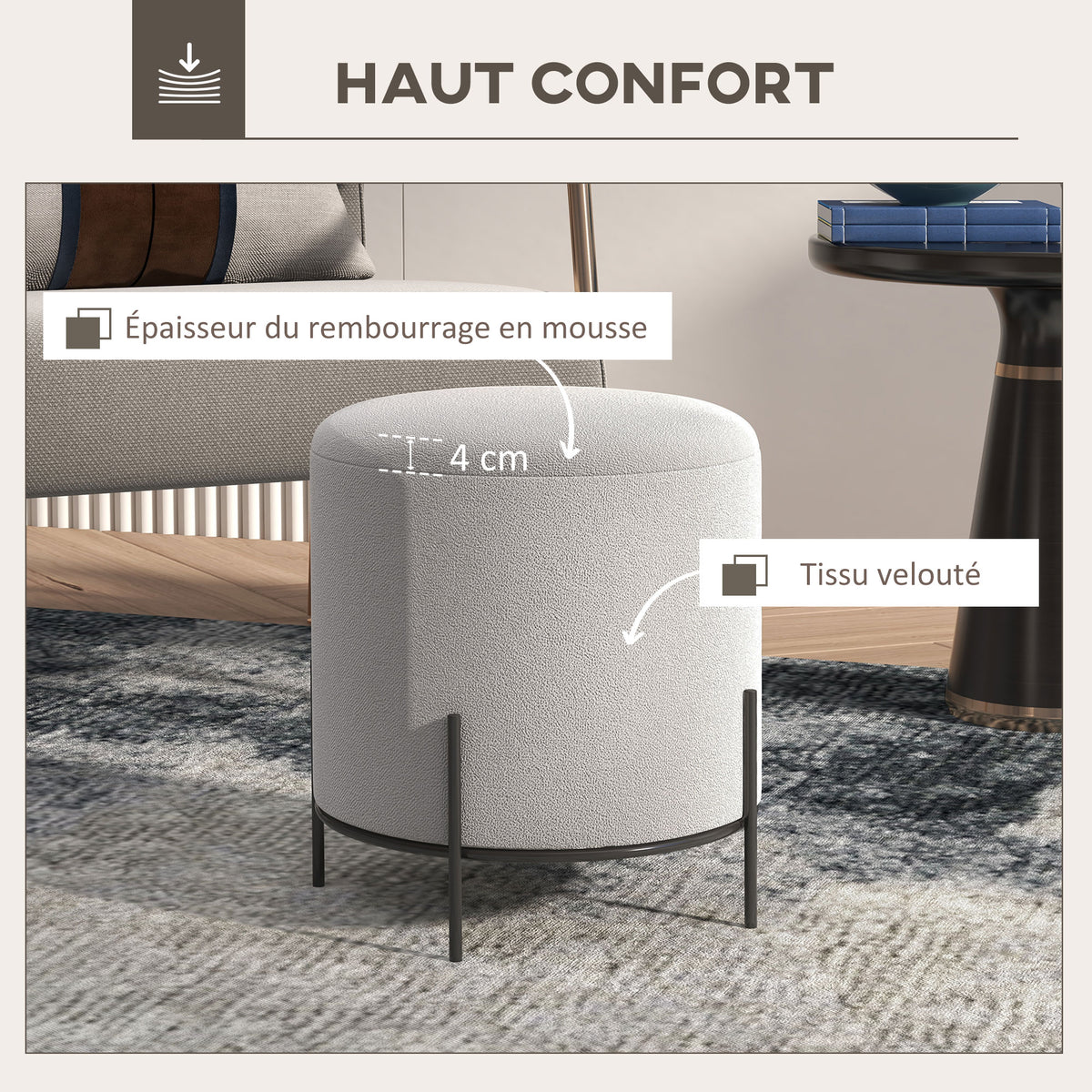 Lot de 2 poufs ottoman tabouret pouf repose-pied en velours pieds en acier pour salon chambre Ø 35 x 38 cm gris clair