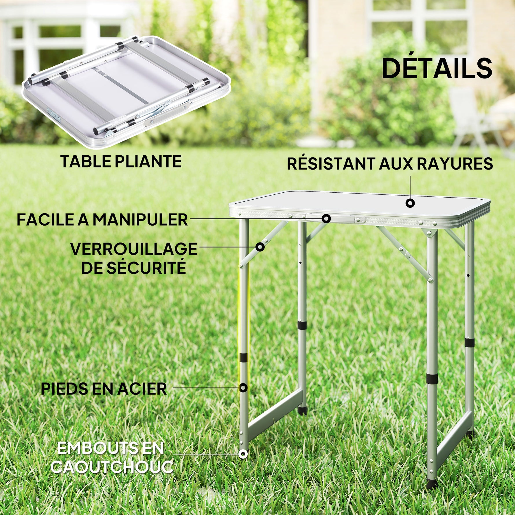 Table Pliante Table de Camping Table de Jardin Hauteur réglable Aluminium MDF Blanc