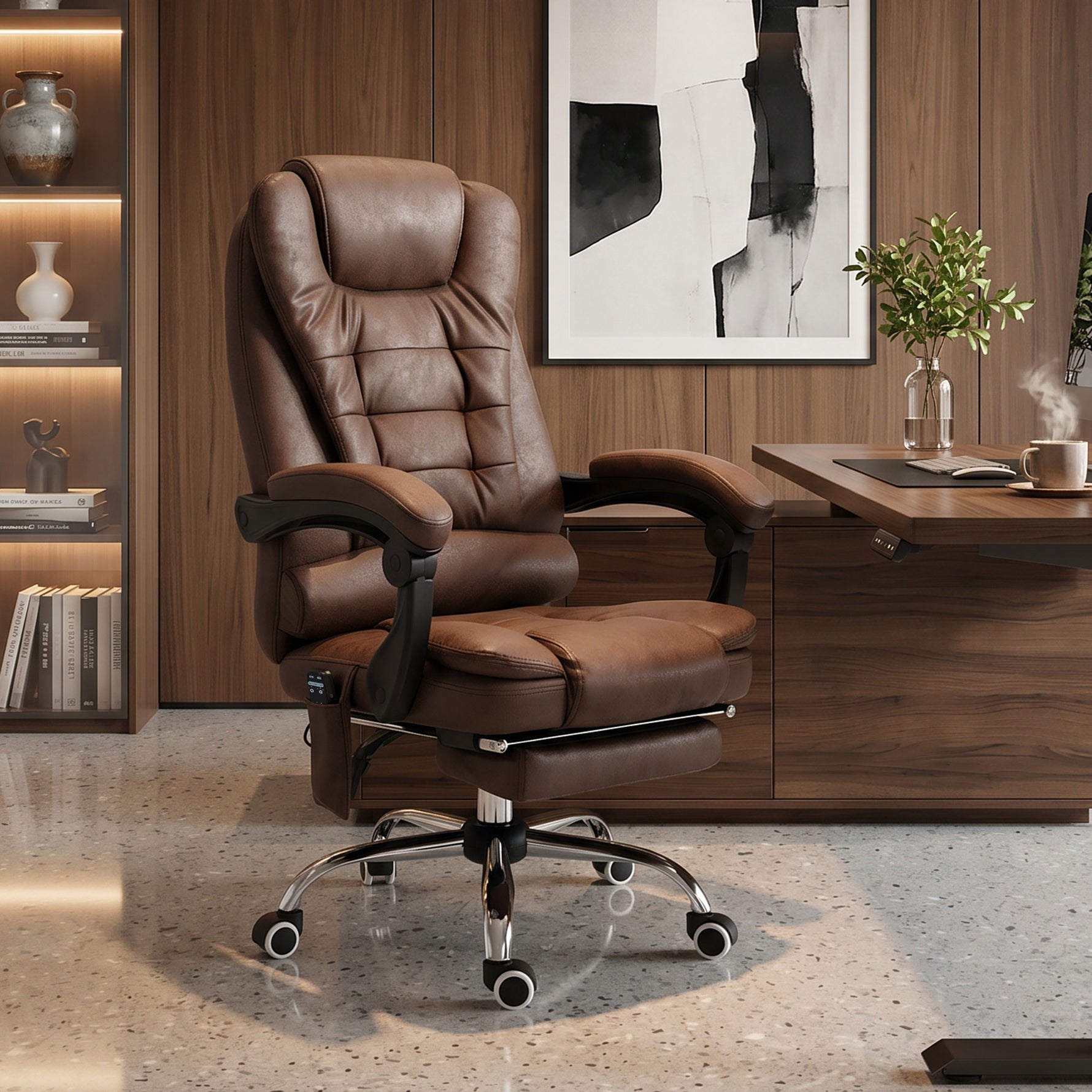 Fauteuil de bureau direction massant chauffant hauteur réglable dossier inclinable toile de microfibre marron