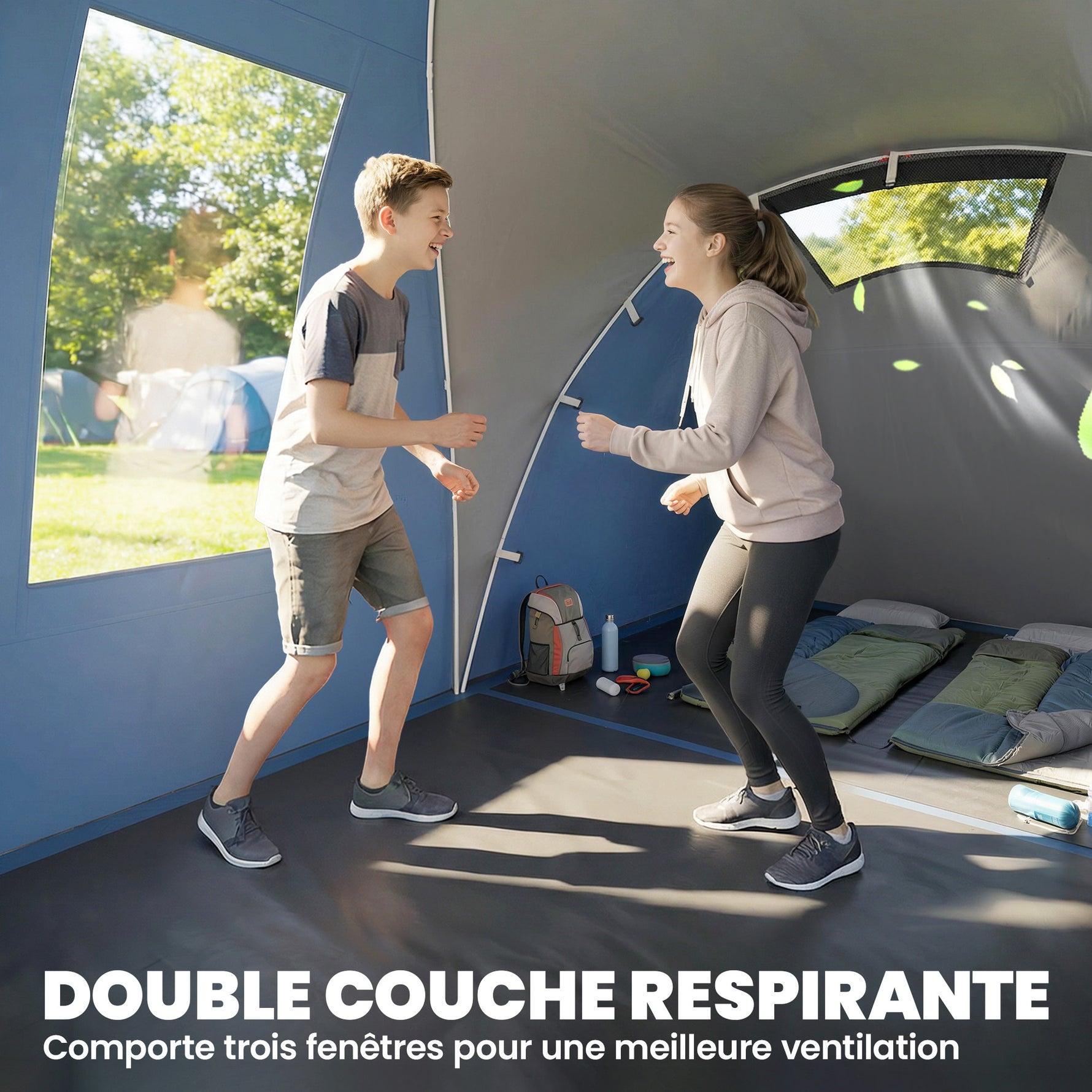 Tente de Camping Double Couche Tunnel Familiale 4-5 Personnes 2 Chambres et Séjour pour 12 Personnes Bleu