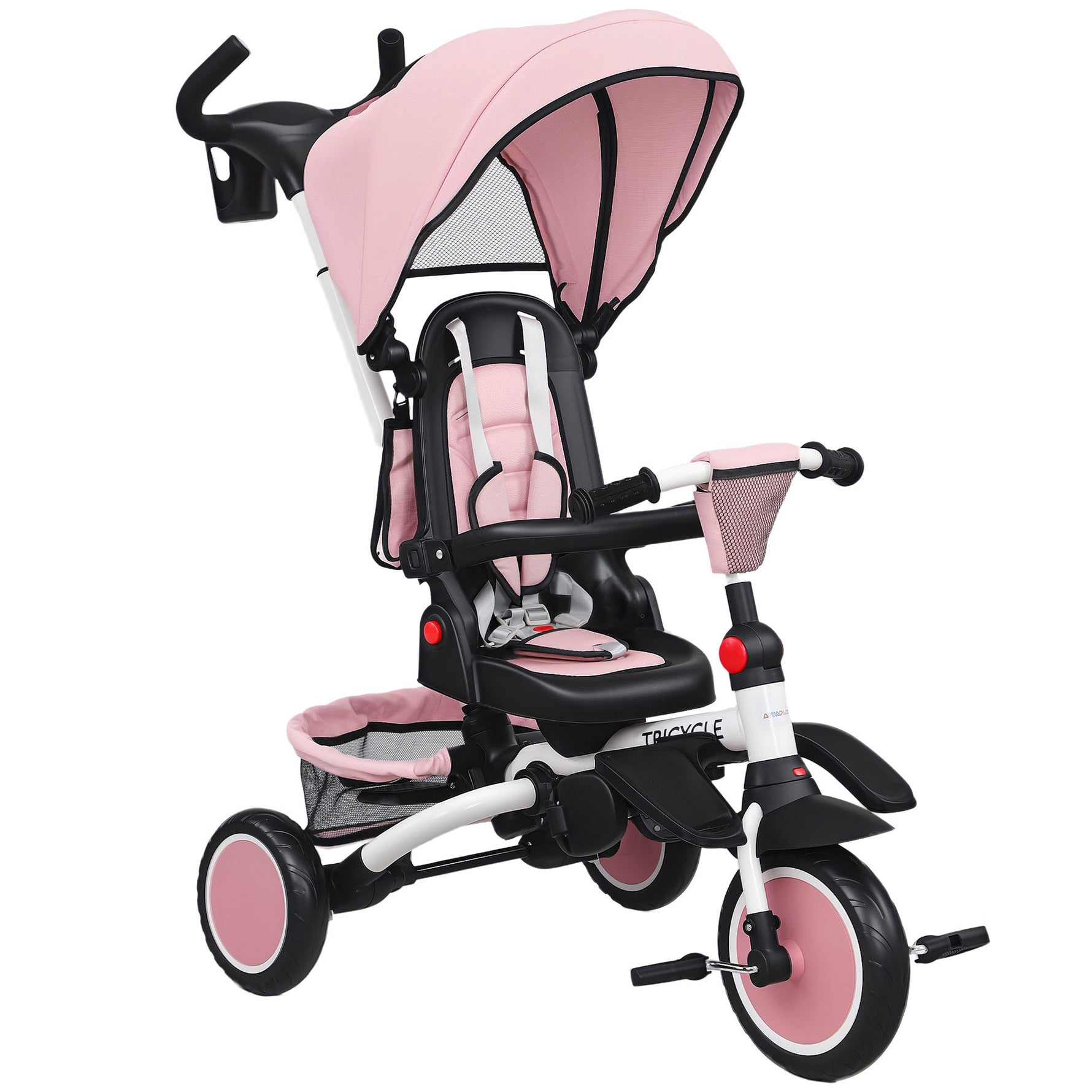 Tricycle bébé évolutif 6 en 1, tricycle enfant pliable avec poignée parentale réglable, siège pivotant 360°, rose