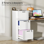Caisson bureau, meuble rangement bois 3 tiroirs et serrure, barres de suspension réglables, 40 x 40 x 101 cm, blanc