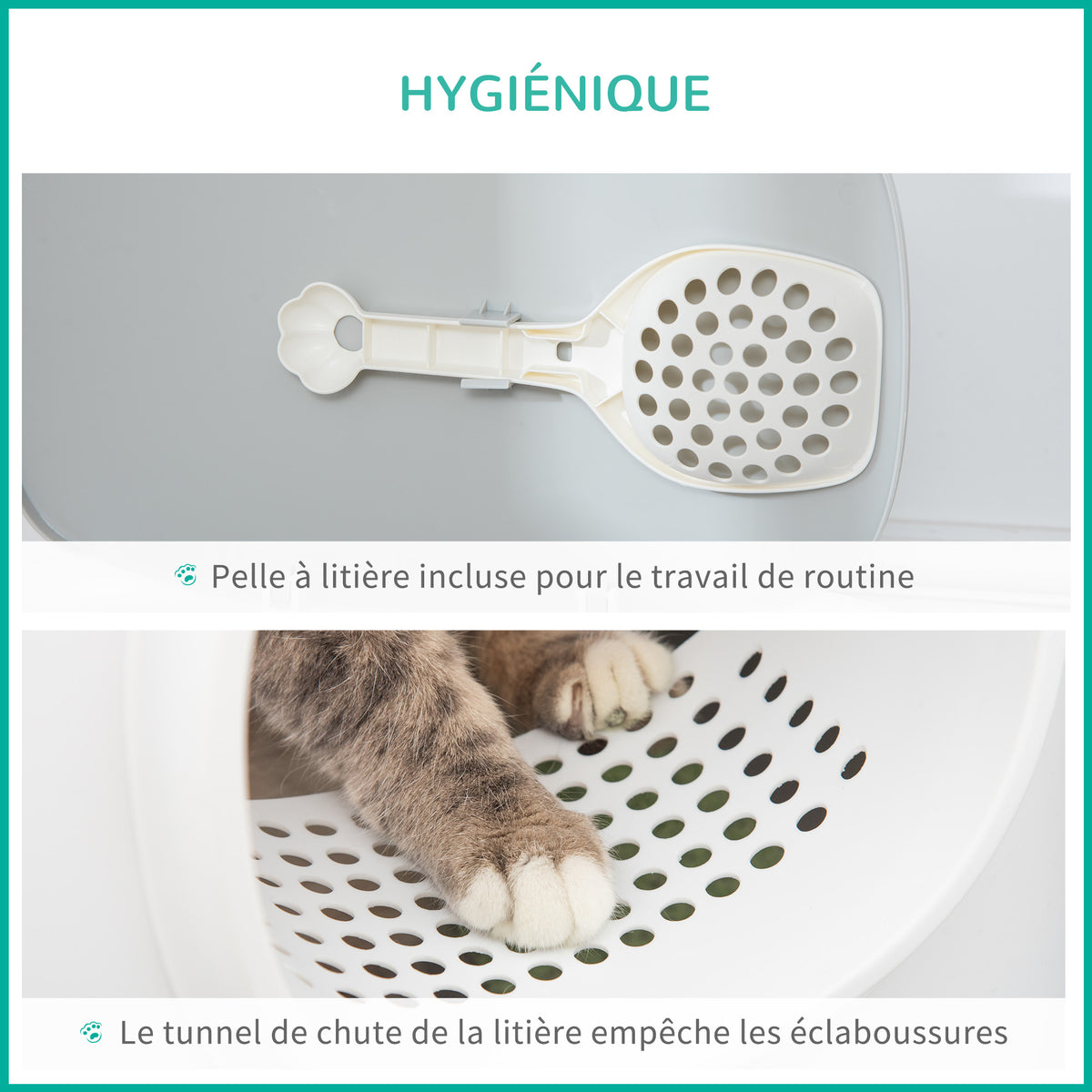 Kattenbak, gesloten kattentoilet met deksel en schep, kunststof (PP), 55L x 40B x 39H cm, wit