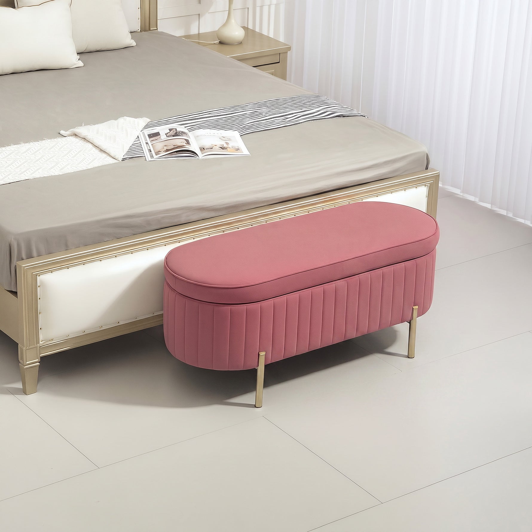 Banc de rangement, bout de lit en velours avec couvercle, pieds en métal, capacité 72 L, 108x44x43,5cm, rose