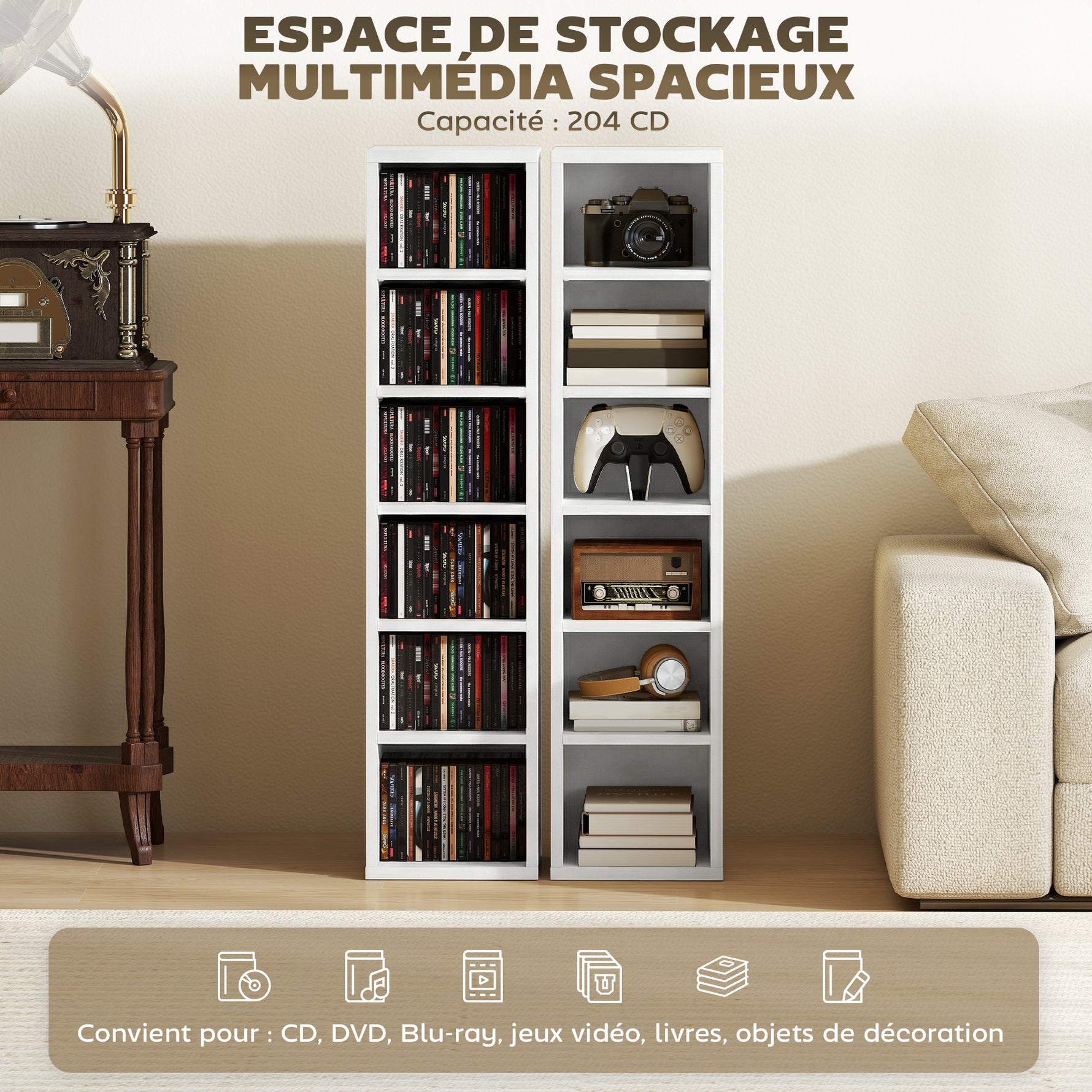 Lot de 2 étagères colonnes armoire de rangement CD-DVD 12 compartiments 21 x 22,5 x 88,5 cm capacité 204 CD blanc