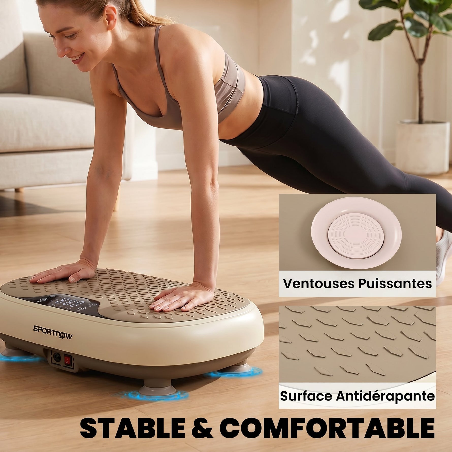 Plateforme Vibrante, 20 Niveaux de Vitesse, 3 Programmes, Écran LED et Télécommande, 46 x 33 x 13,5 cm, Beige