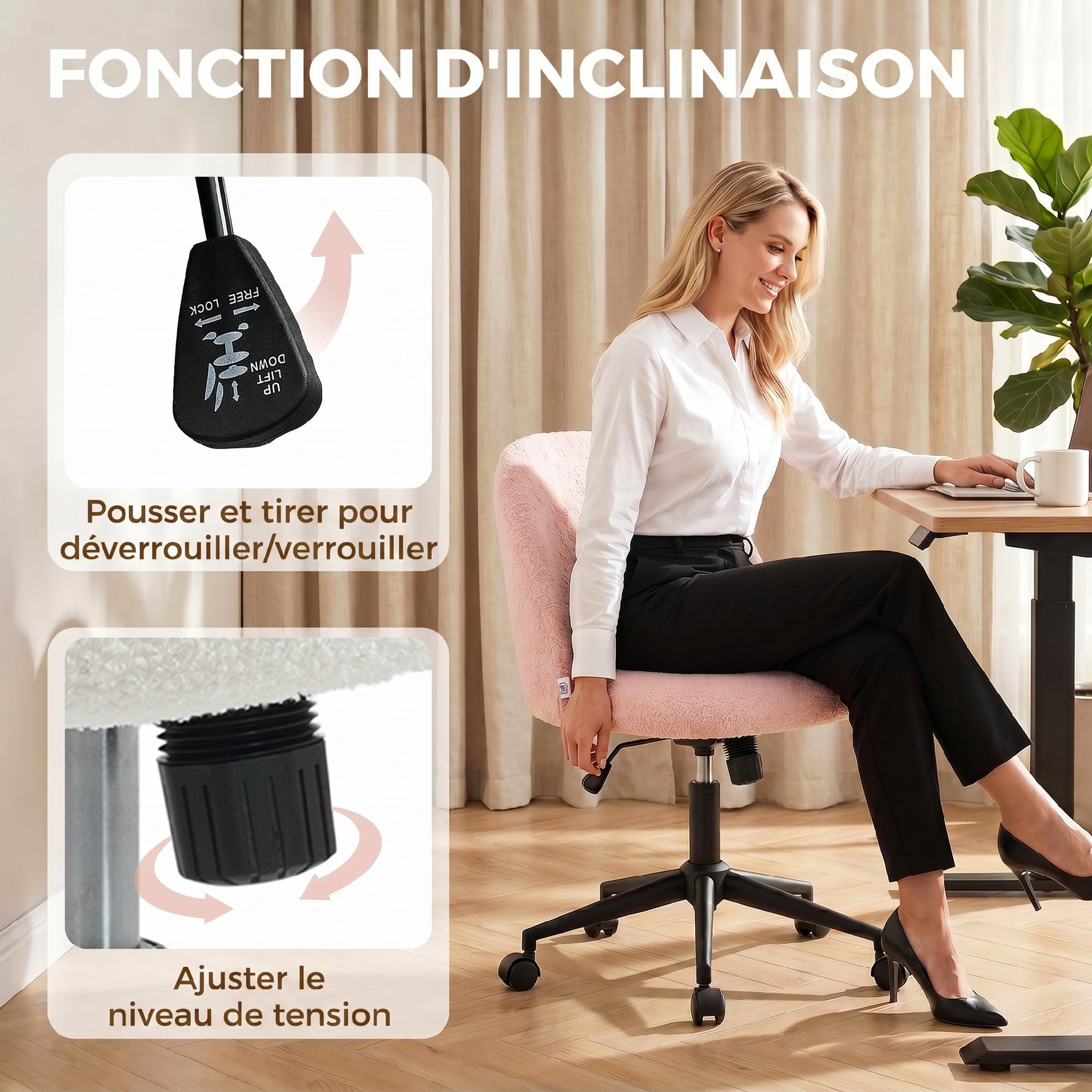 Chaise de Bureau Pivotante en Fourrure Teddy, Hauteur Réglable, Roulettes, Mousse Haute Résilience, Rose