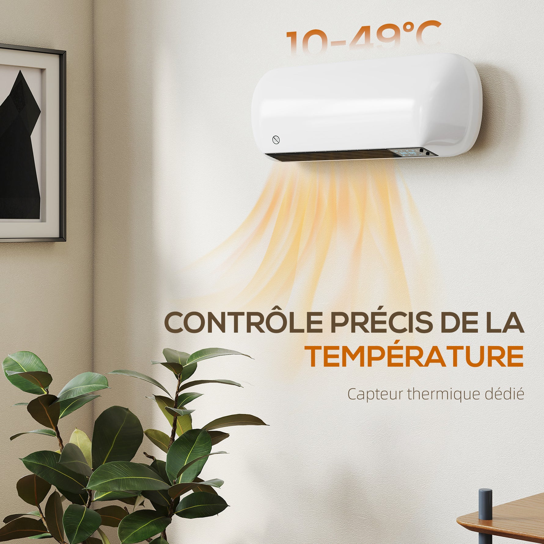 Chauffage mural en céramique 1000/2000W, radiateur électrique, ventilateur, thermostat, minuterie, 50x19x14cm, blanc