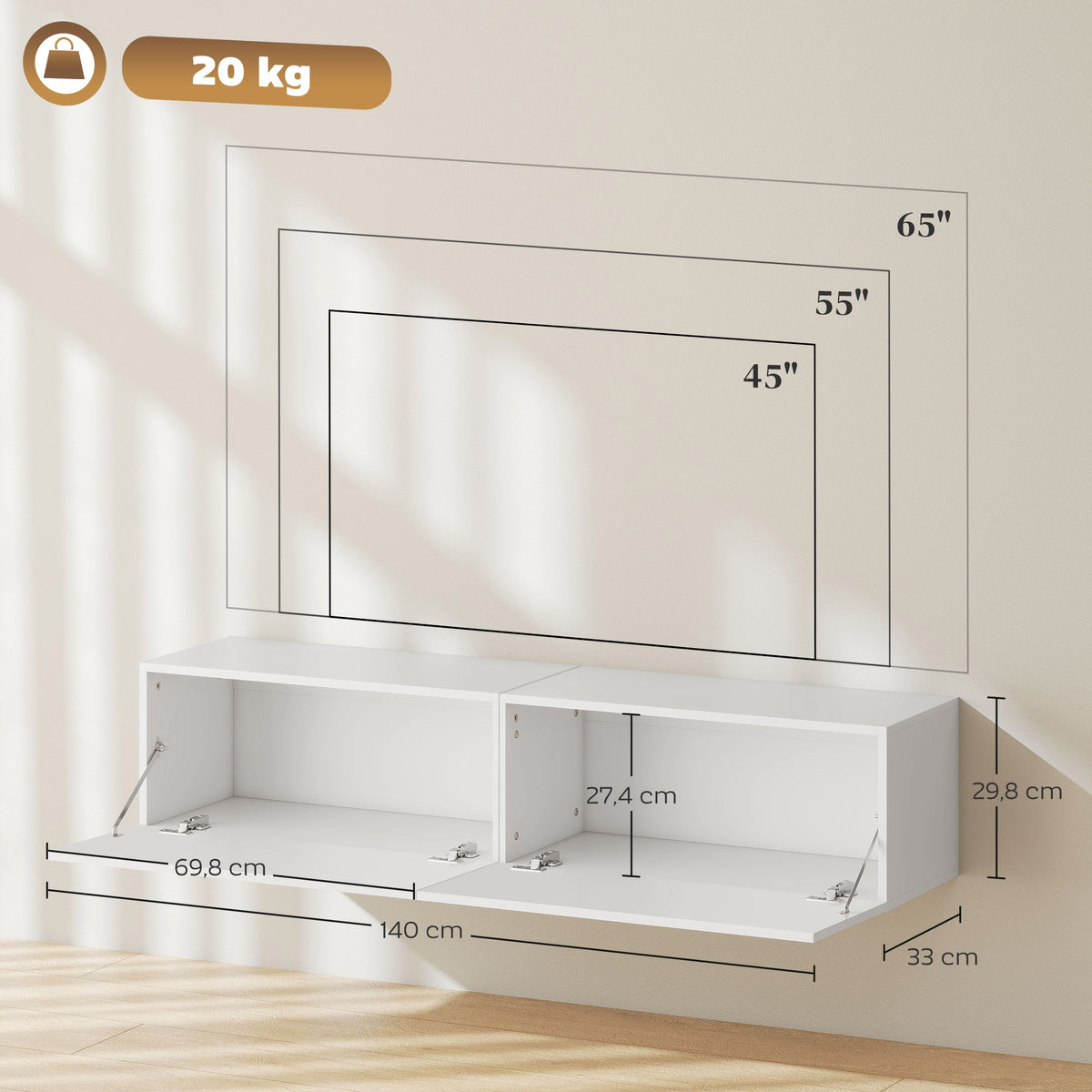 Meuble TV suspendu pour téléviseur jusqu'à 45 55 65 pouces avec 2 placards à portes, 140 x 33 x 29,8 cm, blanc