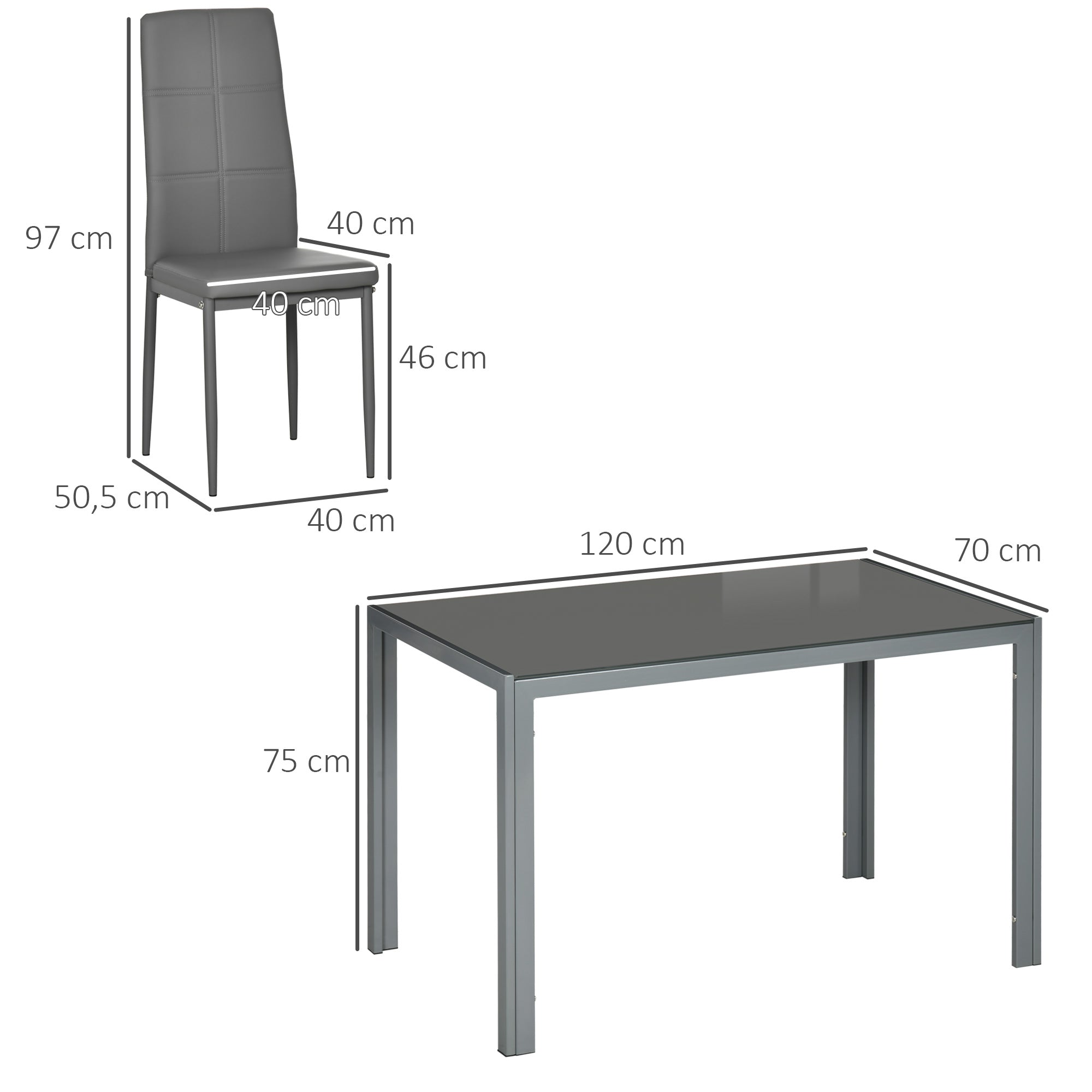 Ensemble table à manger avec 4 chaises, table de cuisine avec chaises en cuir synthétique, 120 x 70 x 75 cm, gris