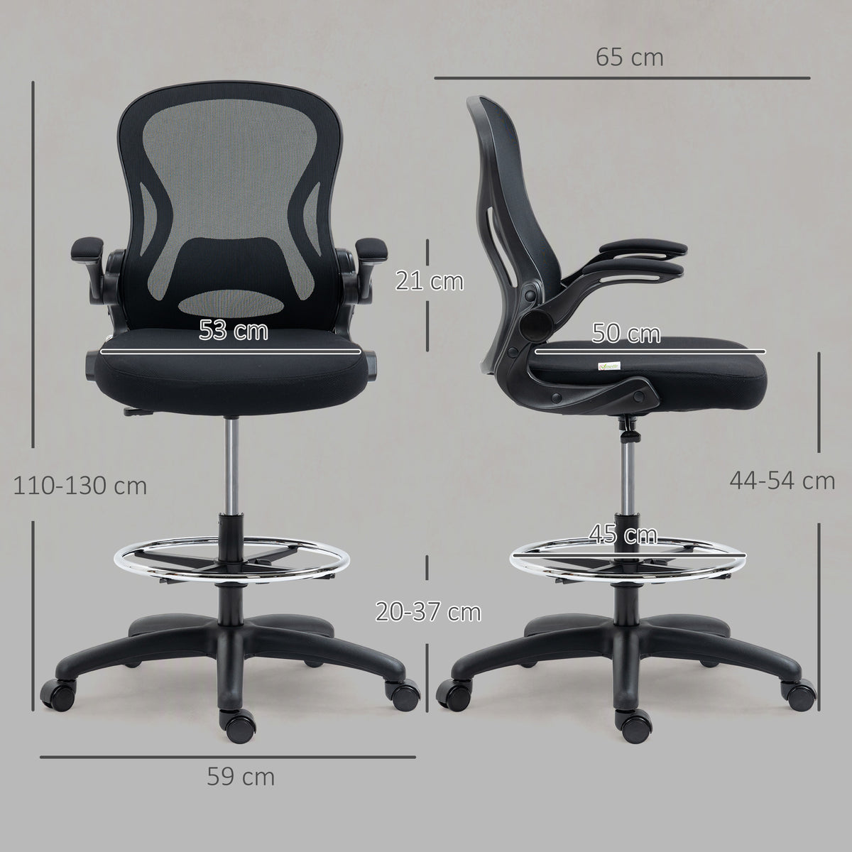 Chaise Bureau Ergonomique en Maille, Hauteur Réglable, Accoudoirs Relevables, Support Lombaire, 59x65x122cm, Noir