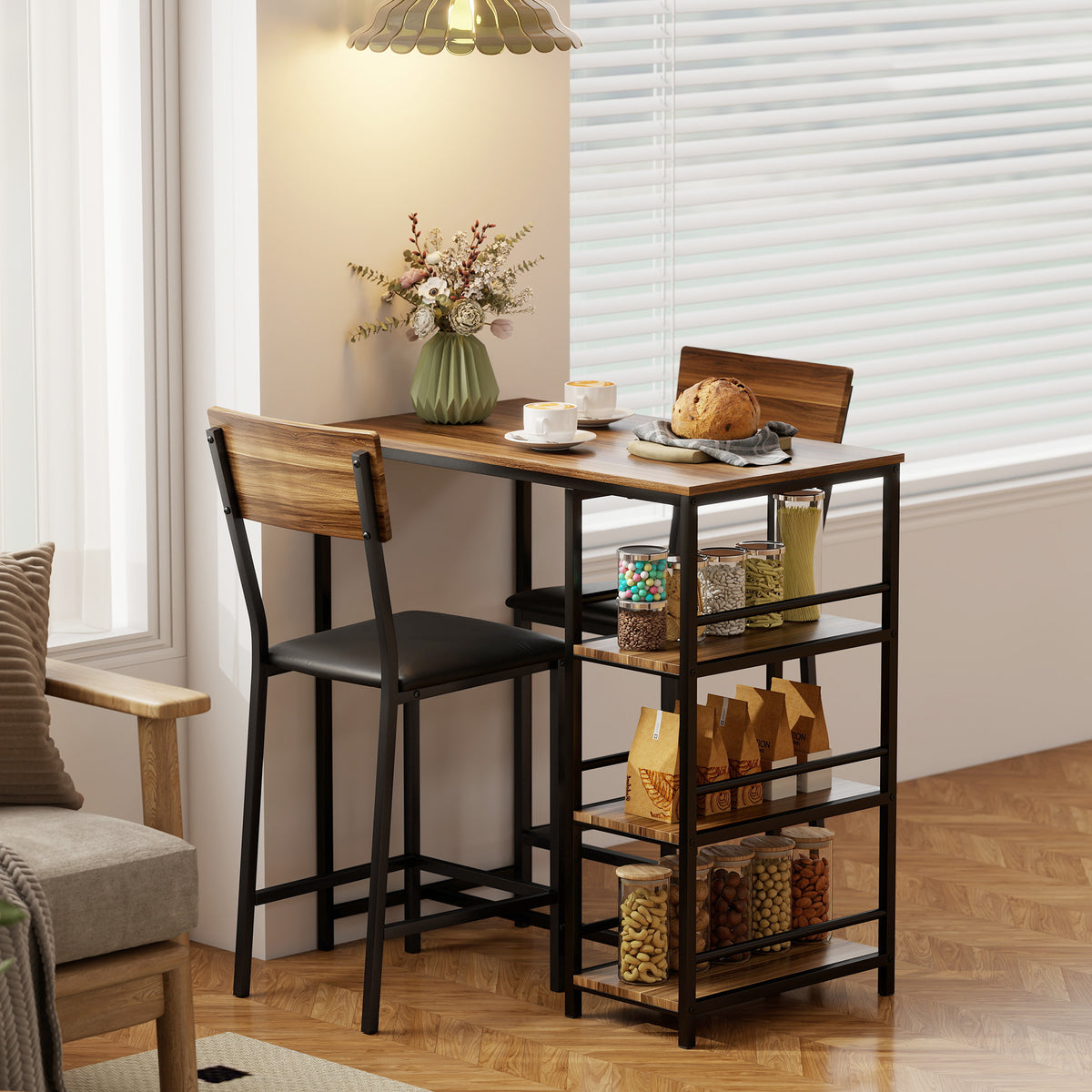 Conjunto de mesa de bar con 2 taburetes, mesa alta de cocina y 2 sillas de bar acolchadas de PU, nogal
