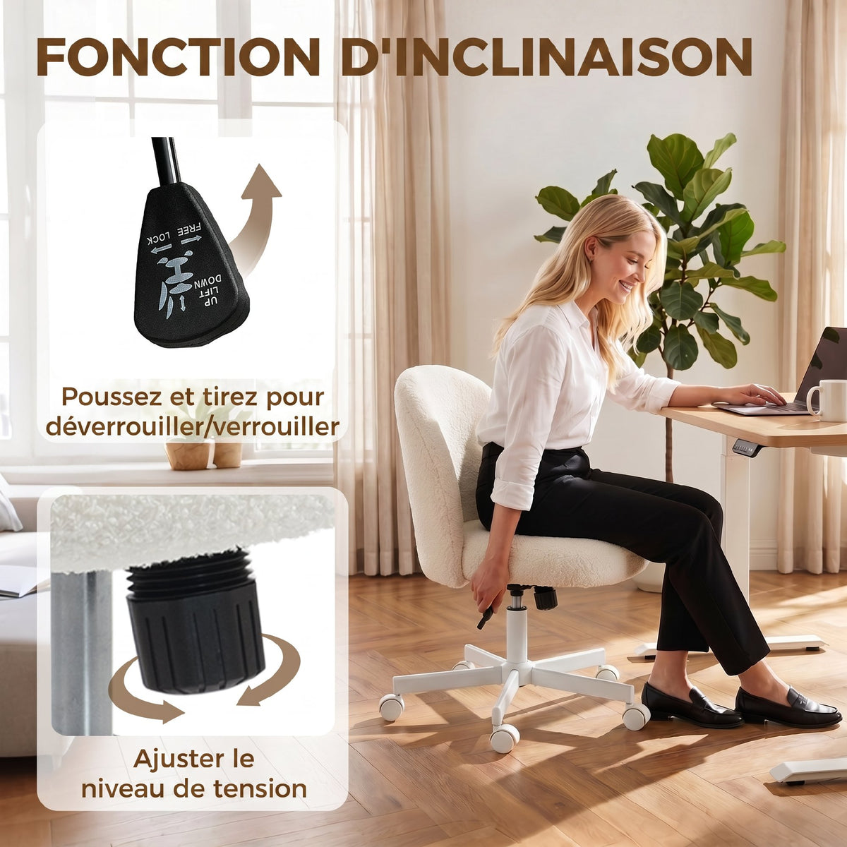 Chaise de Bureau Ergonomique, Fauteuil de Bureau Inclinable en Tissu Bouclette Sans Accoudoirs, Hauteur Réglable, Crème