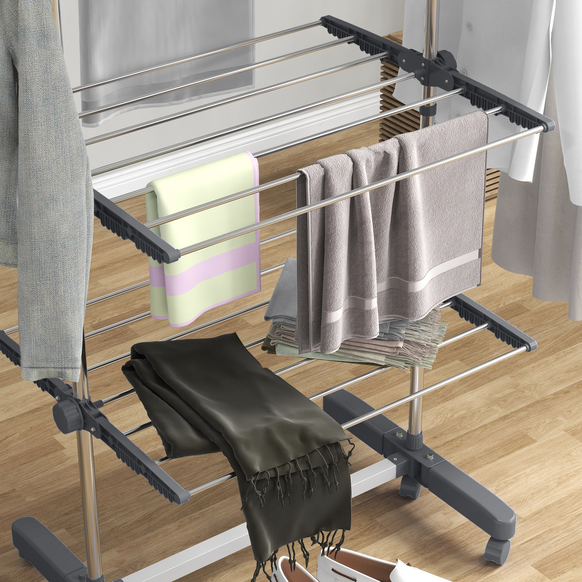 Séchoir à Linge étendoir pliable ailes latérales utilisation intérieure et extérieure 142 x 55 x 172 cm 4 niveaux gris